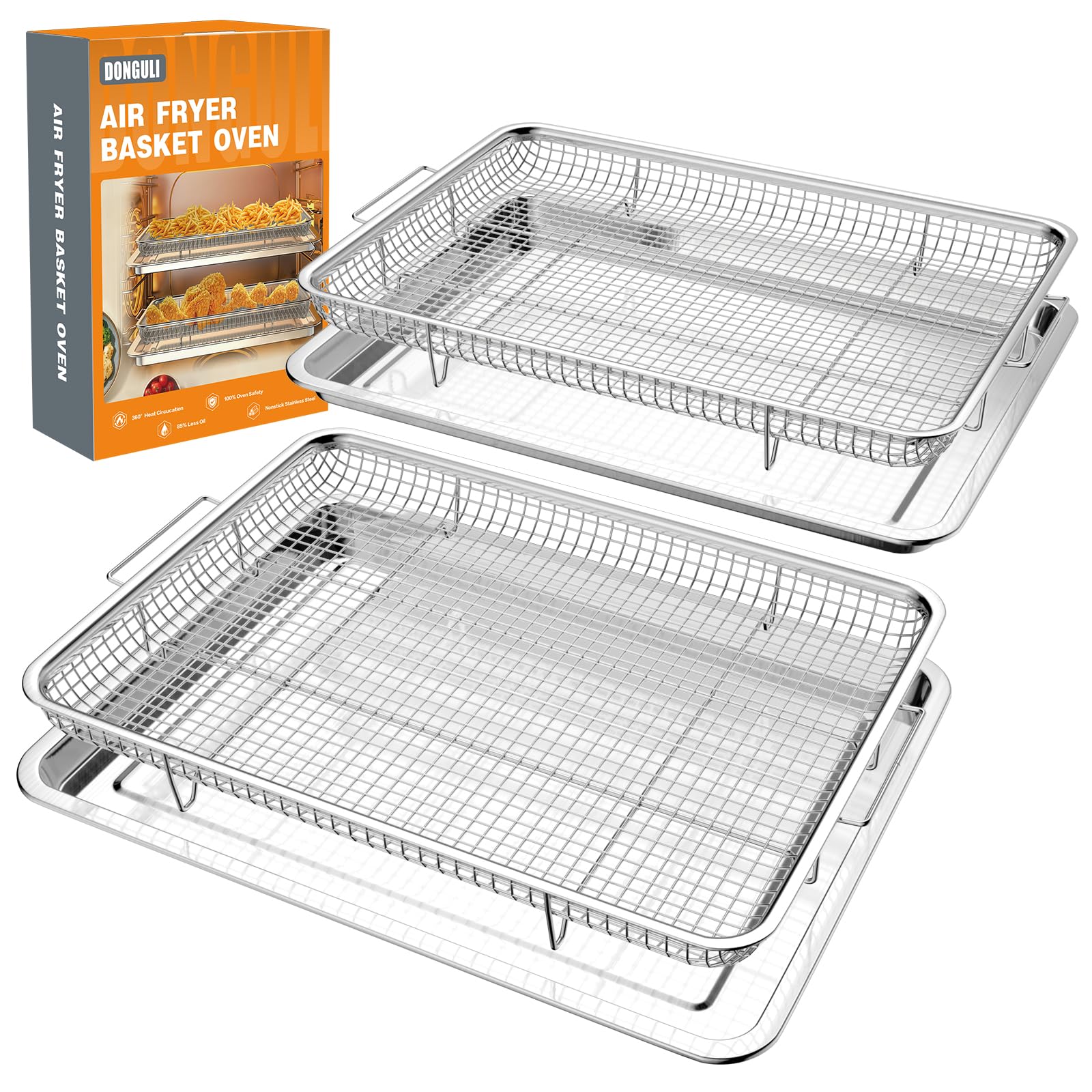Air Fryer Basket for Oven 12.8"x9.6", 2 Pack Large Air Fryer Basket and Tray Stainless Steel Oven Air Fryer Accessories Pan Rack for Cooking Baking and Broiling