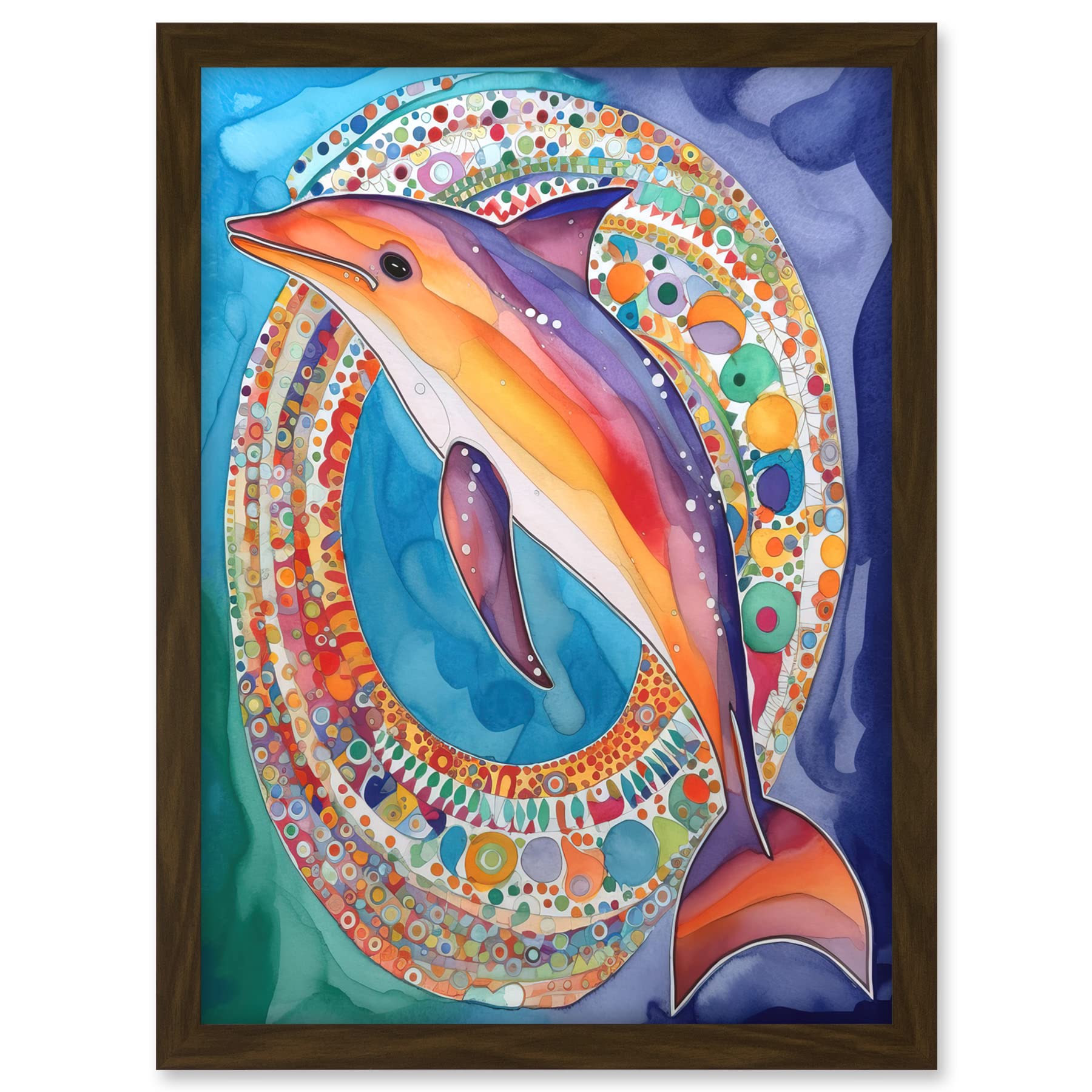 Artery8 Rainbow Dolphin And Pattern Hoop Folk Art Watercolour Painting Artwork Framed A3 Wall Art Print