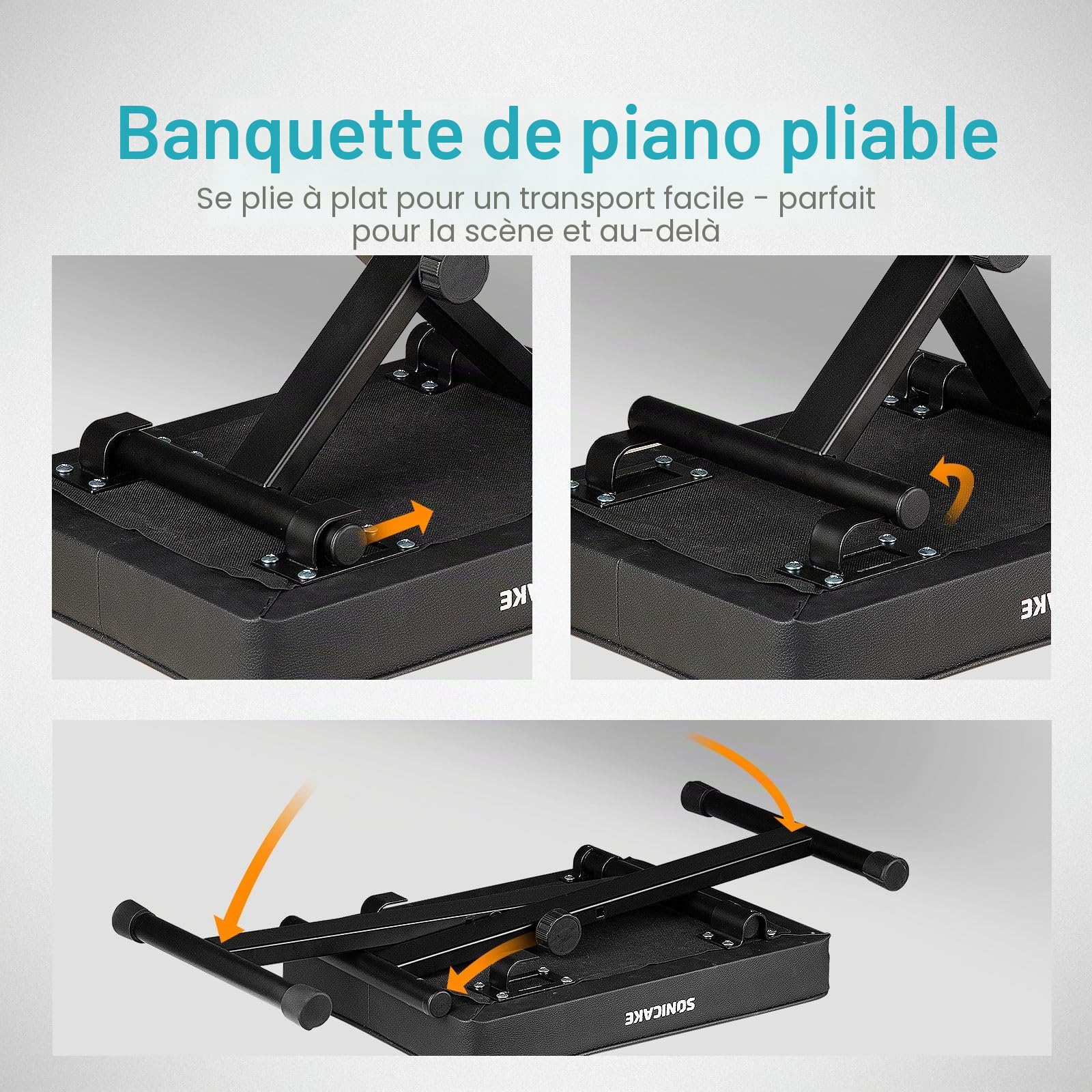SONICAKE Banc de Piano Réglable, Tabouret pour Clavier avec Rembourrage Épais de 6 cm, Pliable et Portable pour Piano, Orgue, Synthétiseur Noir