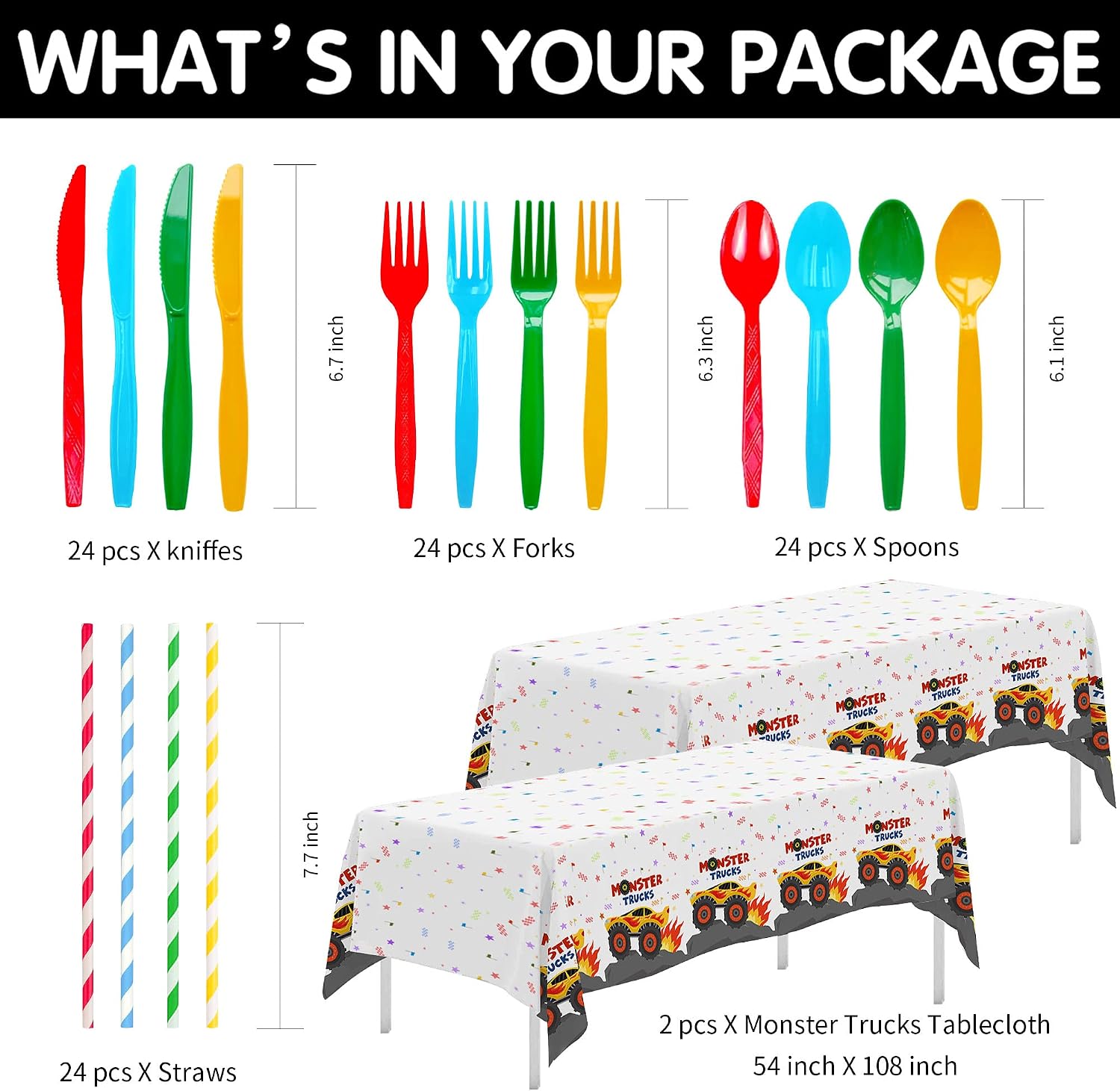 APOWBLS Monster Truck Birthday Party Supplies, Monster Theme Jam Party Decorations Tableware, Paper Plates and Napkins Set, Cup, Tablecloth, Disposable Cutlery, Straw | Serves 24
