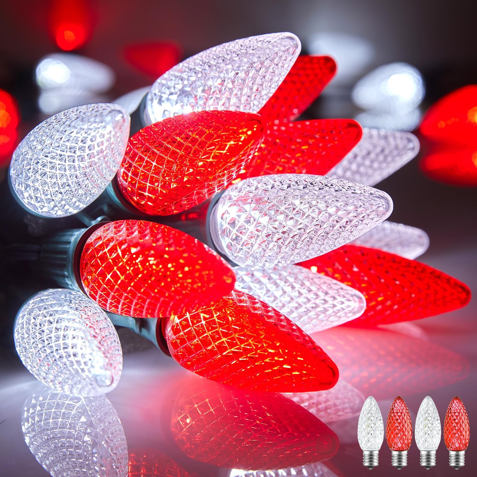 Brightown C9 Christmas String Lights Outdoor Led Fairy Lights Faceted Strawberry Lights Extendable UL Certified for Party Holiday Wedding Christmas Indoor Outdoor Decor (C9 Red and Pure White 50Ft)