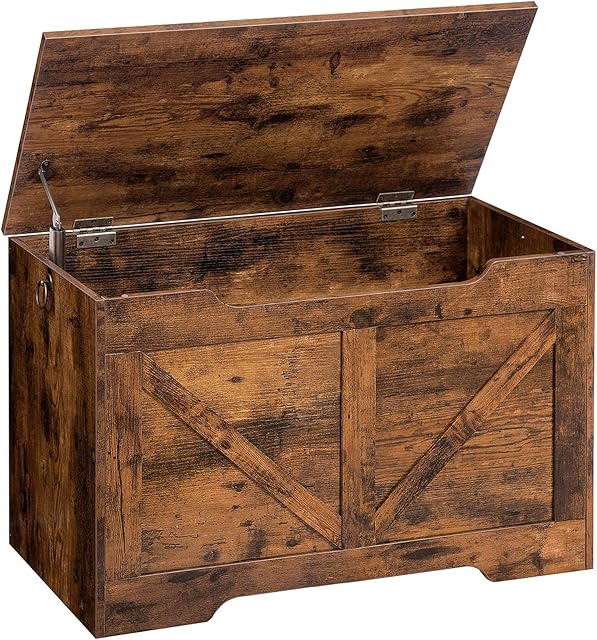 HOOBRO Wooden Storage Chest Trunk, Storage Bench with Locking Mechanism, Retro Toy Box Organizer with Safety Hinge, Sturdy Toy Chest, 75 x 40 x 50.5 cm, Easy Assembly, Rustic Brown EBF77CW01