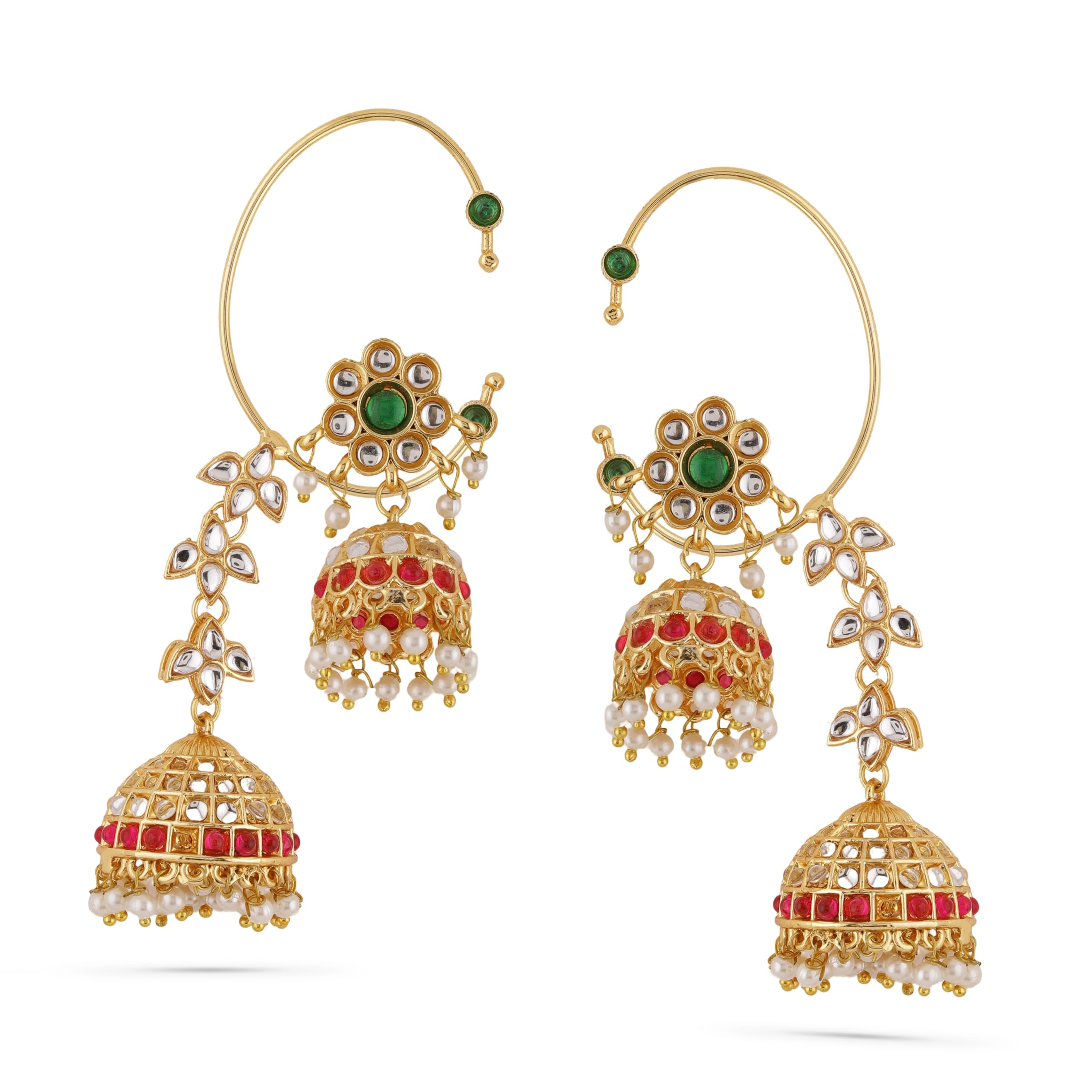 24K Gold-Plated Emerald & Ruby Pink Kundan Studded Floral Jhumka Ear Cuff Earrings-image-42