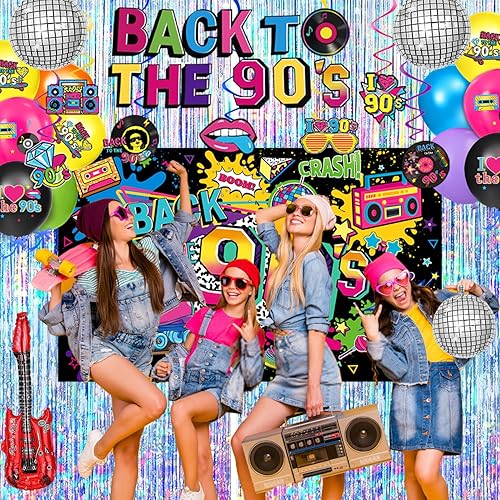 Miniatura 7 de Las decoraciones de fiesta de los años 90 incluyen telón de fondo de los años 90, globos de aluminio y látex, adornos para pasteles y cupcakes,