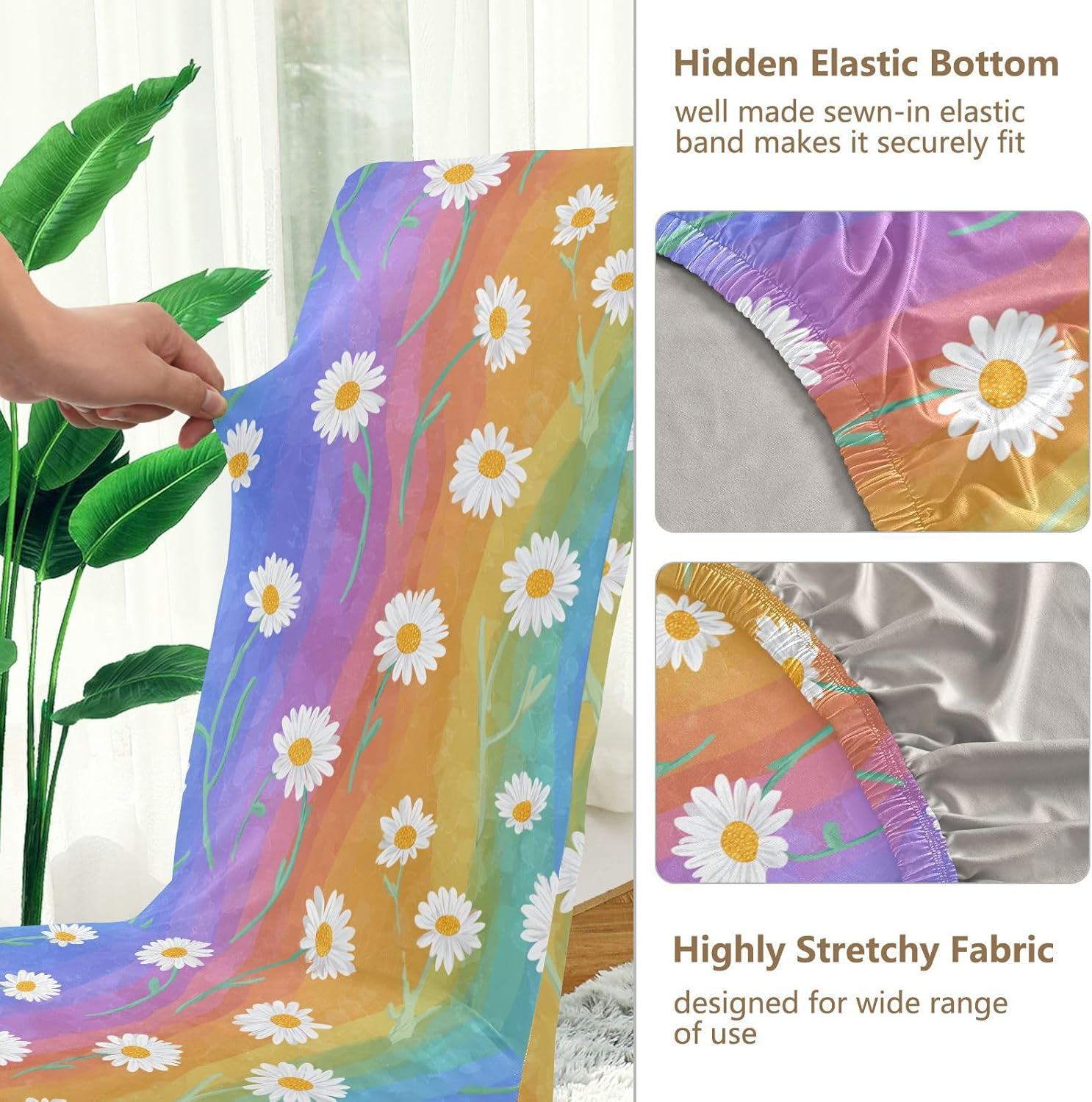 ALAZA Chair Covers for Dining Room, Cute Daisy on Colorful Rainbow Stretch Chair Cover Sets Chair Protector Removable Washable for Ktichen Restaurant Hotel