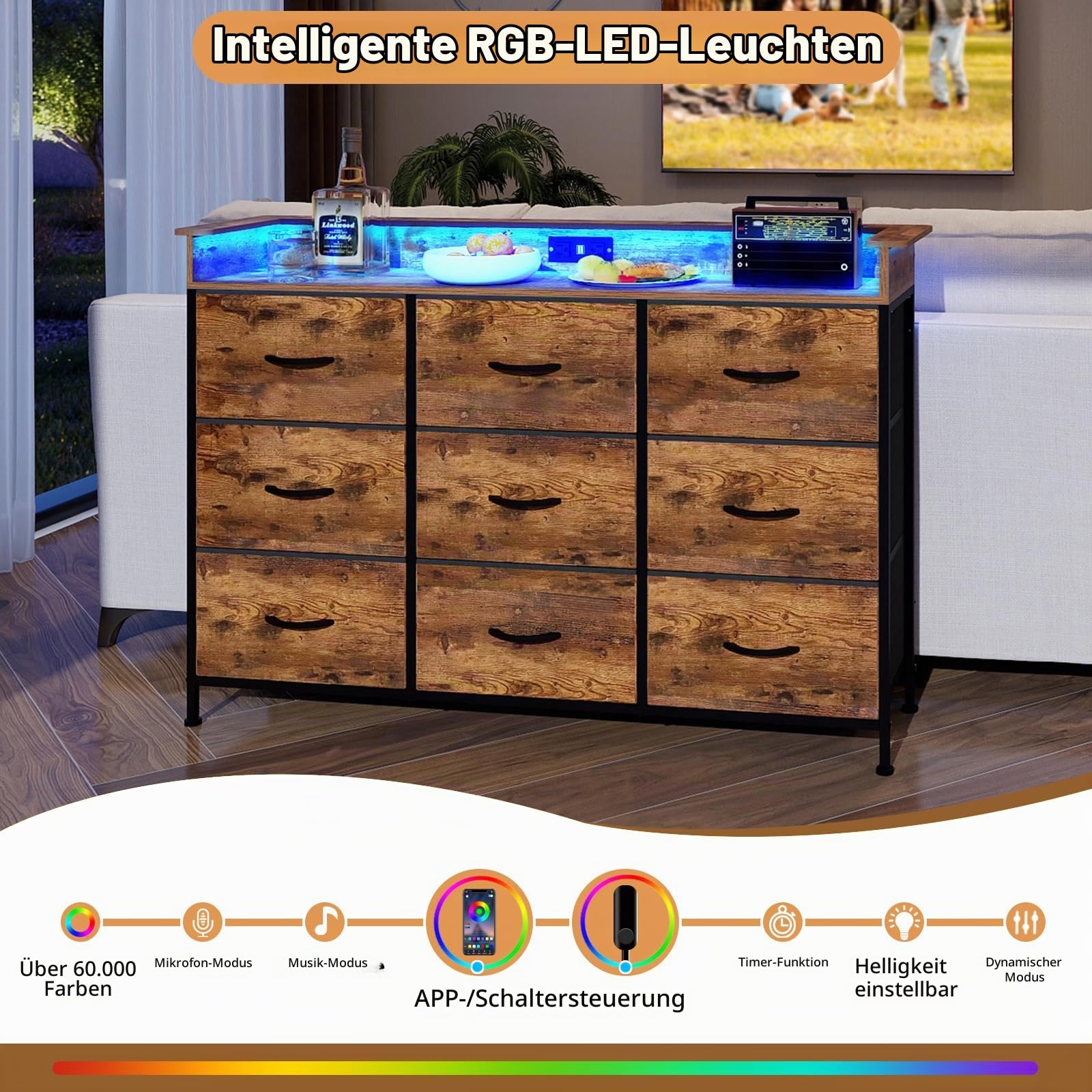 VEDECASA Kommode mit 9 Stoffschubladen und LED-Beleuchtung,2 USB-Ports & 2 AC-Steckdosen,Sideboard mit Holzplatte, Metallrahmen, 9 Schubladen kommode für Schlafzimmer, Wohnzimmer, Braun