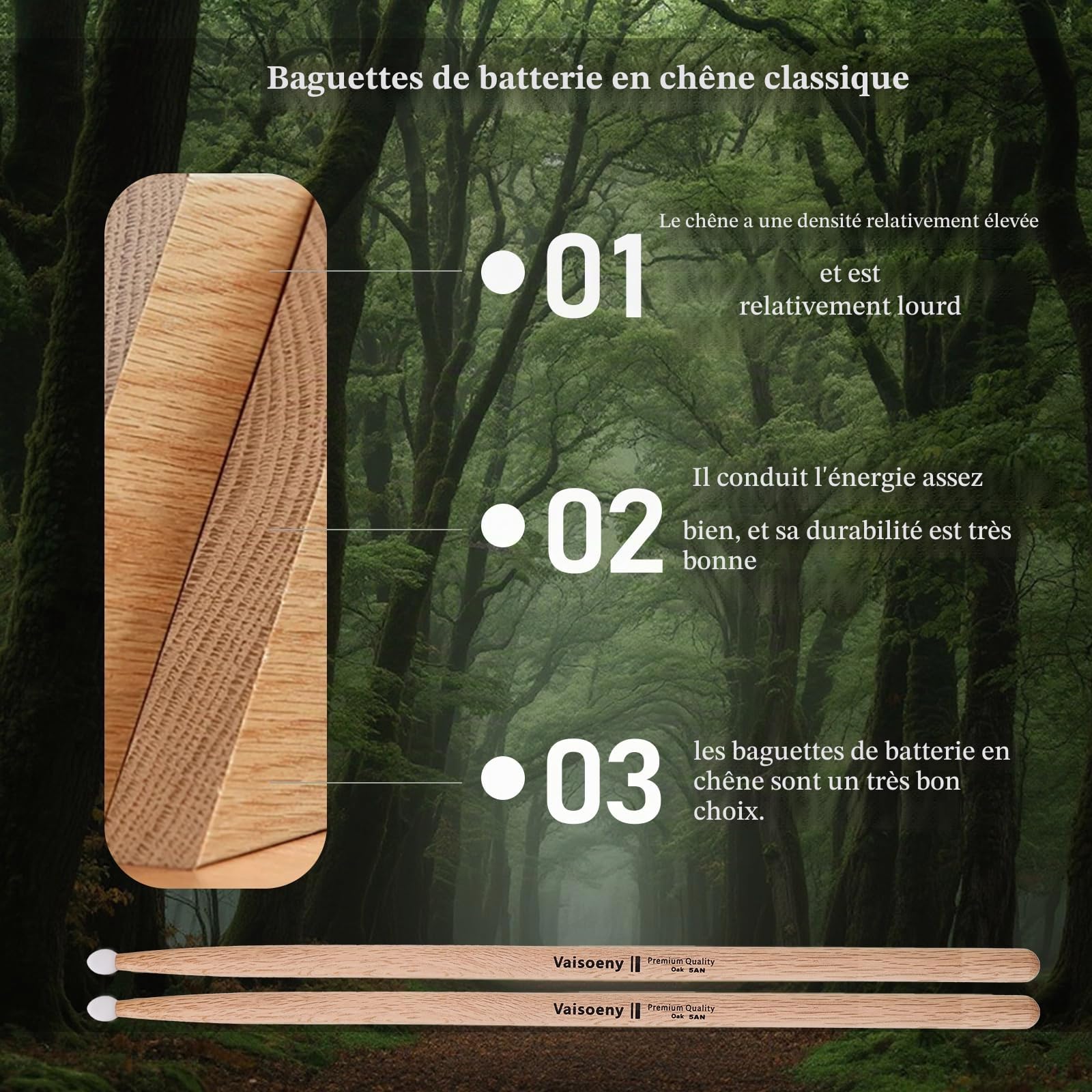 Baguette Batterie, Baguette Batterie 5A ovales en bois de chêne avec pointe en nylon pour batterie acoustique ou électronique (12 paires)