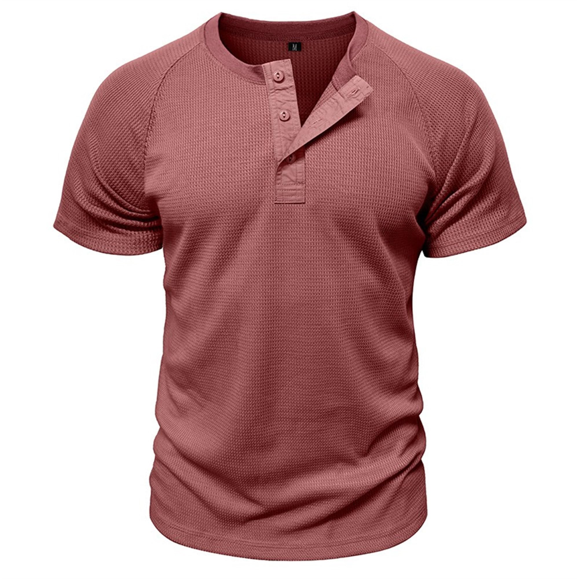 Men Quarter Button Waffle Henry Shirts Round Collar T Shirt for Business Work Summer Loose Trendy Pullover Tops (Wine Red,Small)
