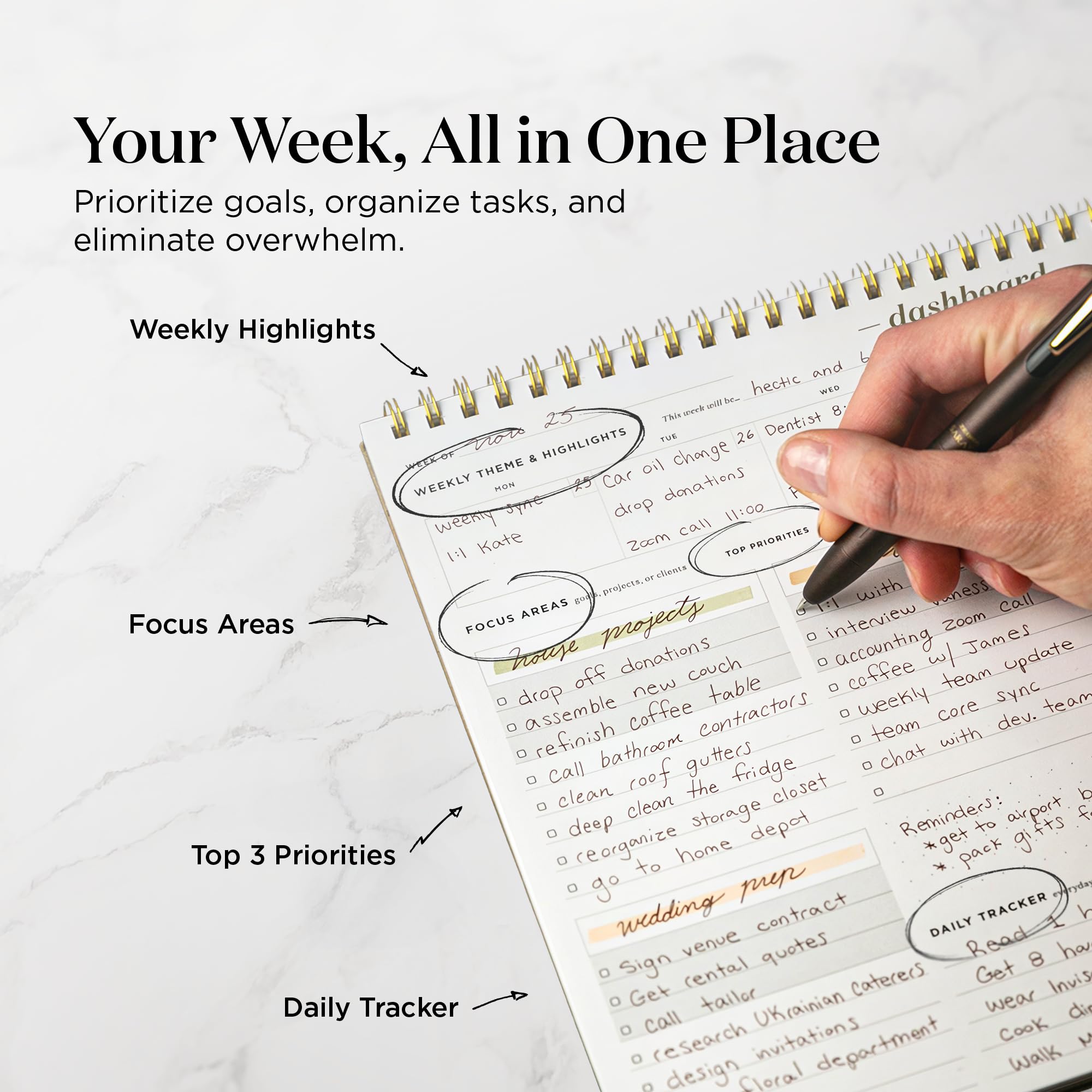 Ink+Volt Dashboard Spiral Deskpad | Agenda settimanale non datata con 52 fogli non datati, pianificatore di produttività premium, lista settimanale minimalista delle cose da fare per lavoro e studio |