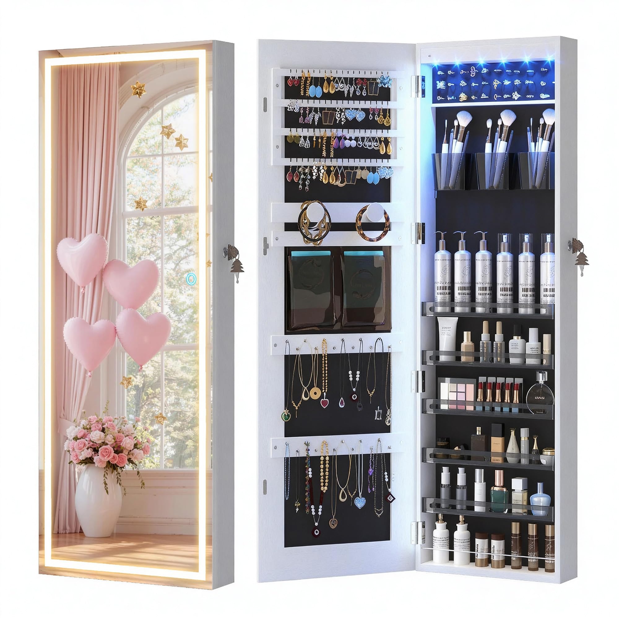 LVSOMT LED Mirror Jewelry Cabinet, Wall/Door Mount Jewelry Armoire Organizer with Lights, Full Length Mirror with Jewelry Storage, Over the Door Hanging Jewelry Cabinet (White)