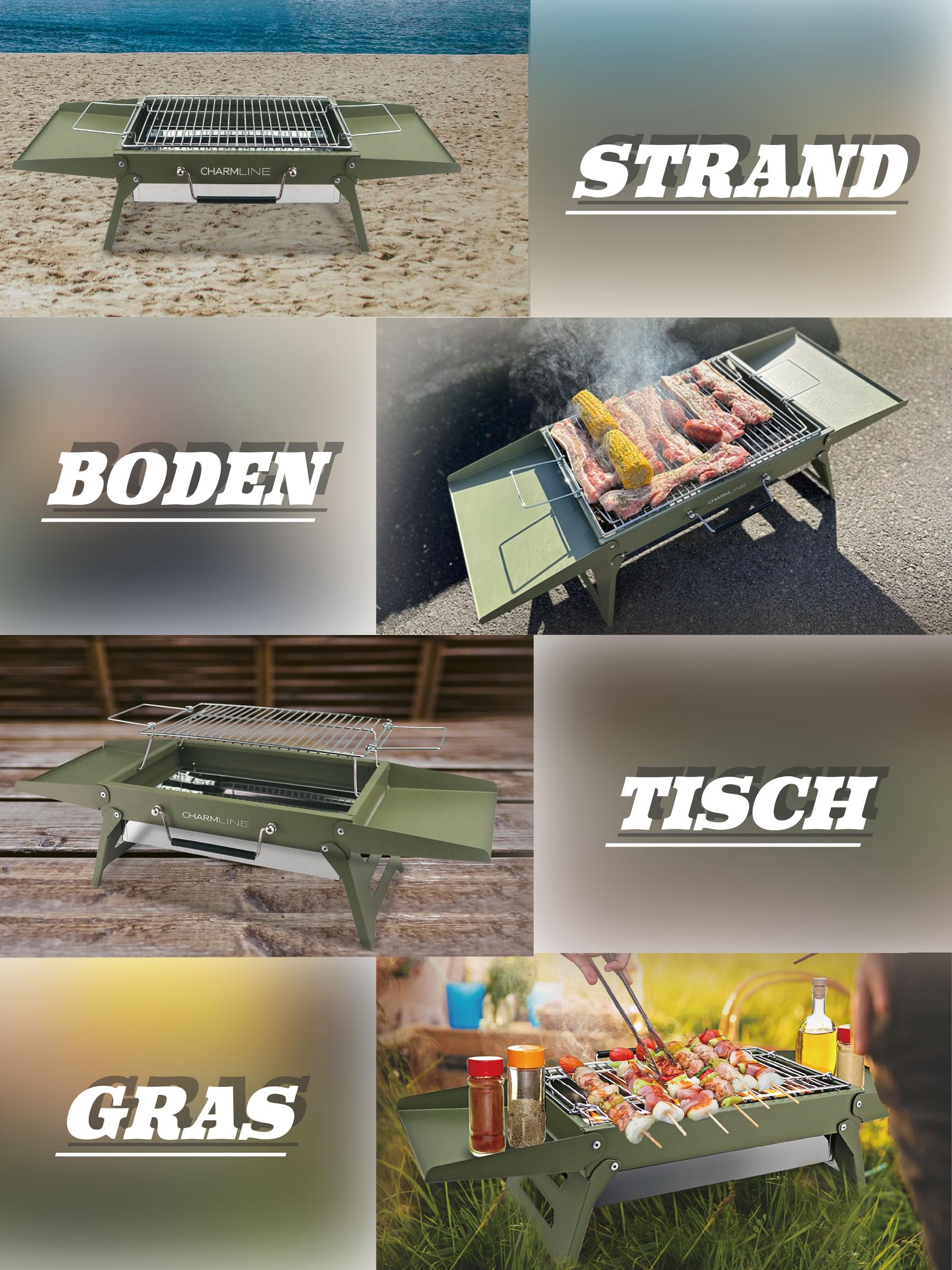 Charmline Tragbarer Holzkohlegrill, Klappbarer Campinggrill 35 x 23 cm für 1–3 Personen, Mini BBQ Grill für Balkon, Garten, Camping, Picknick und Strand, Grün