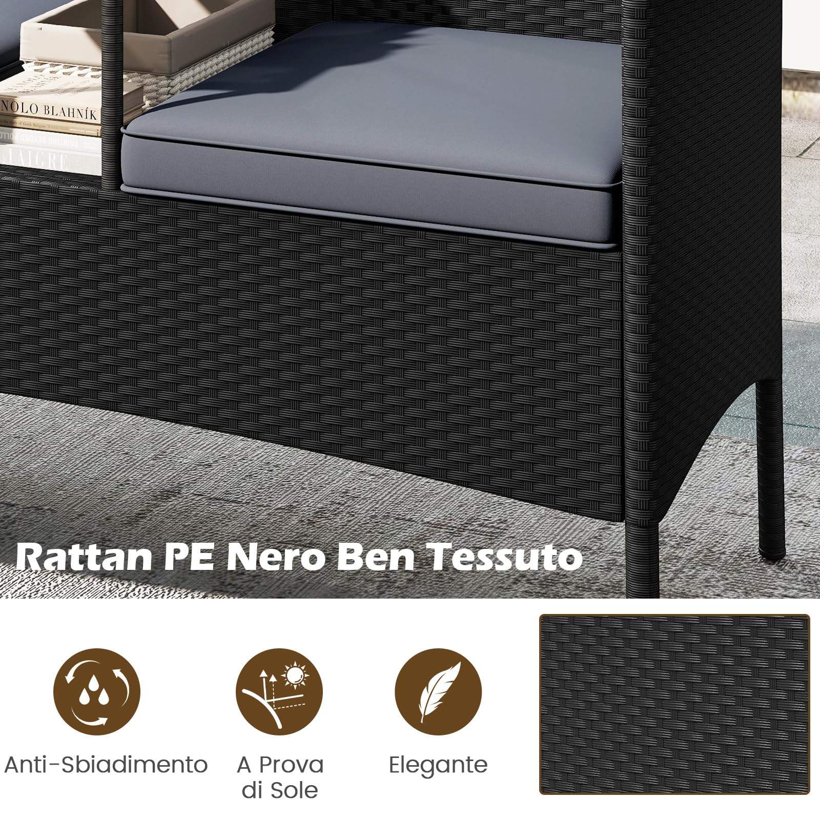 COSTWAY Panchina da Giardino in Rattan PE 62 x 124 x 84 cm, Divano da Esterno con Tavolino in Vetro Temperato e Cuscini Imbottiti, Poltrona con 2 Posti per Balcone, Piscina e Cortile (Grigio)