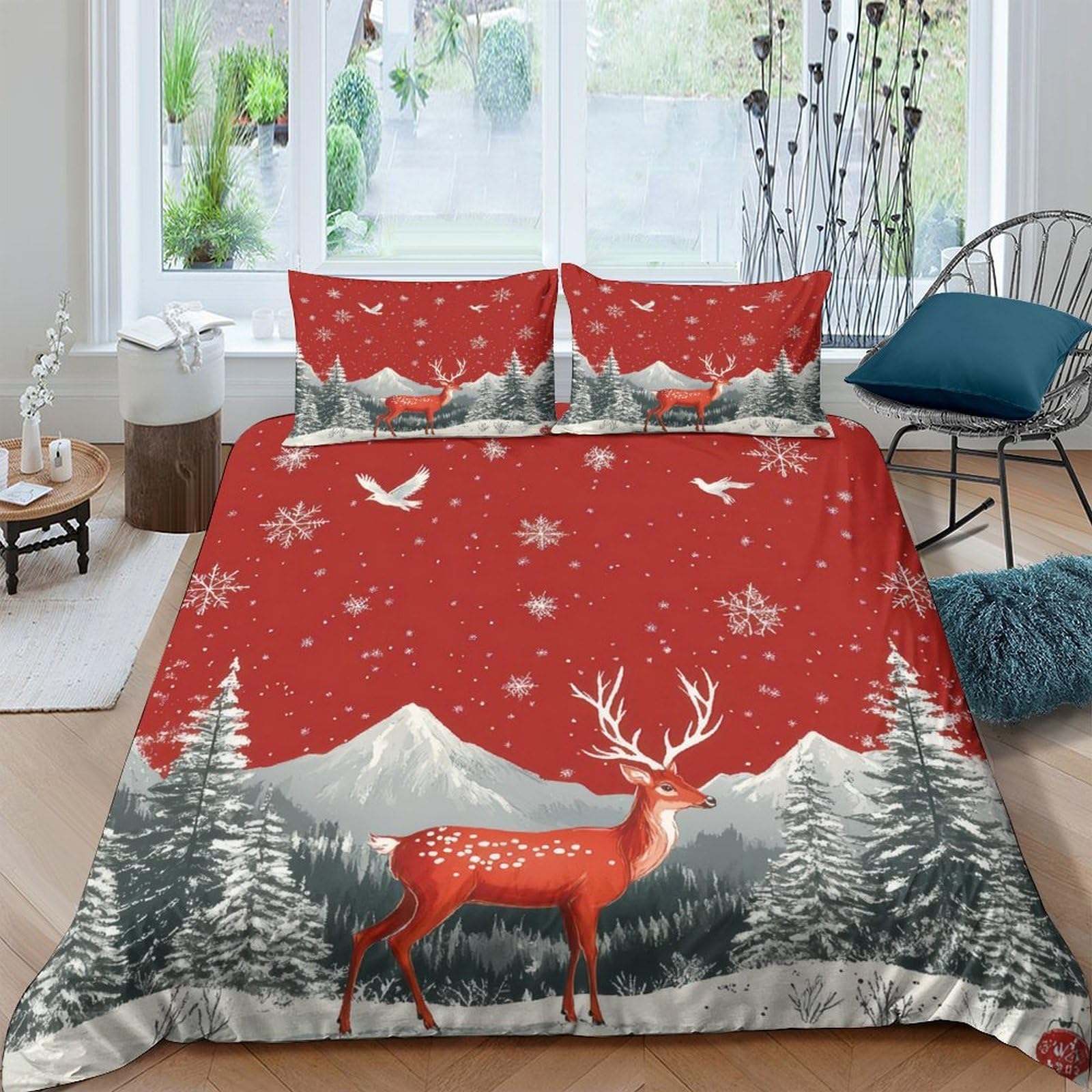 Ctjqhvkz Style-6 3D Printed Red Winter Forest Fitted Sheet Microfiber Stag Snow Mountain Mattress Cover For Bedroom Decor Single（135X200cm）