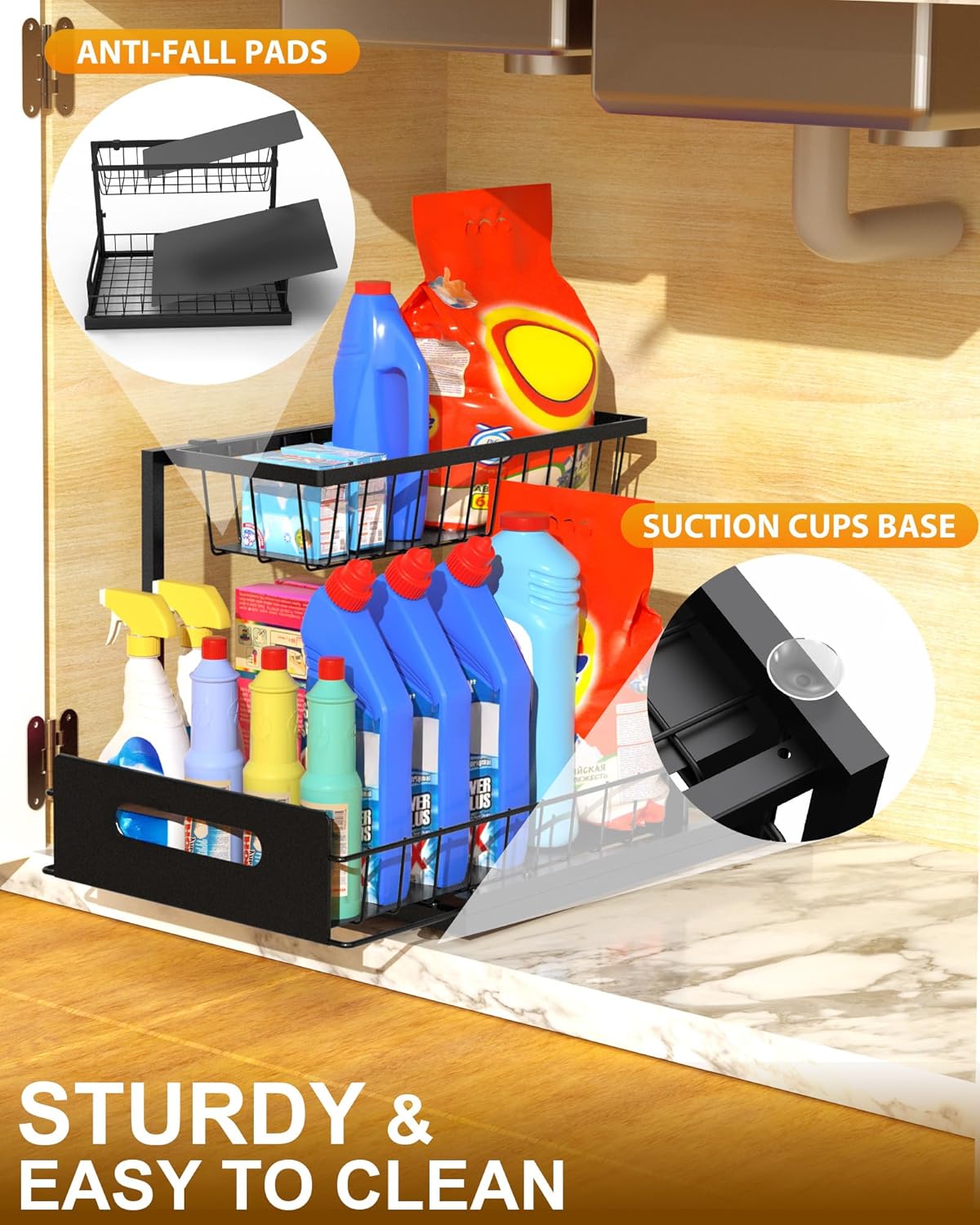 Mythinglogic Metal Under Sink Organizer and Storage, 2 Tier Under Sink Organizer, Pull Out Under Cabinet Organizer Shelf for Kitchen Bathroom and Laundry Room - Image 4