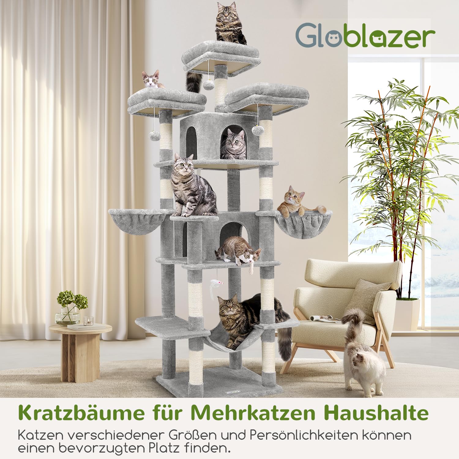 Globlazer Drzewko dla kota, duże koty, drapak XXL, wysoki, 204 cm, z 3 drążkami do siedzenia, 2 domkami dla kotów, 2 koszami, hamakiem, pluszową zabawką dla kota, luksusowa wieża dla 3-5 dużych kotów