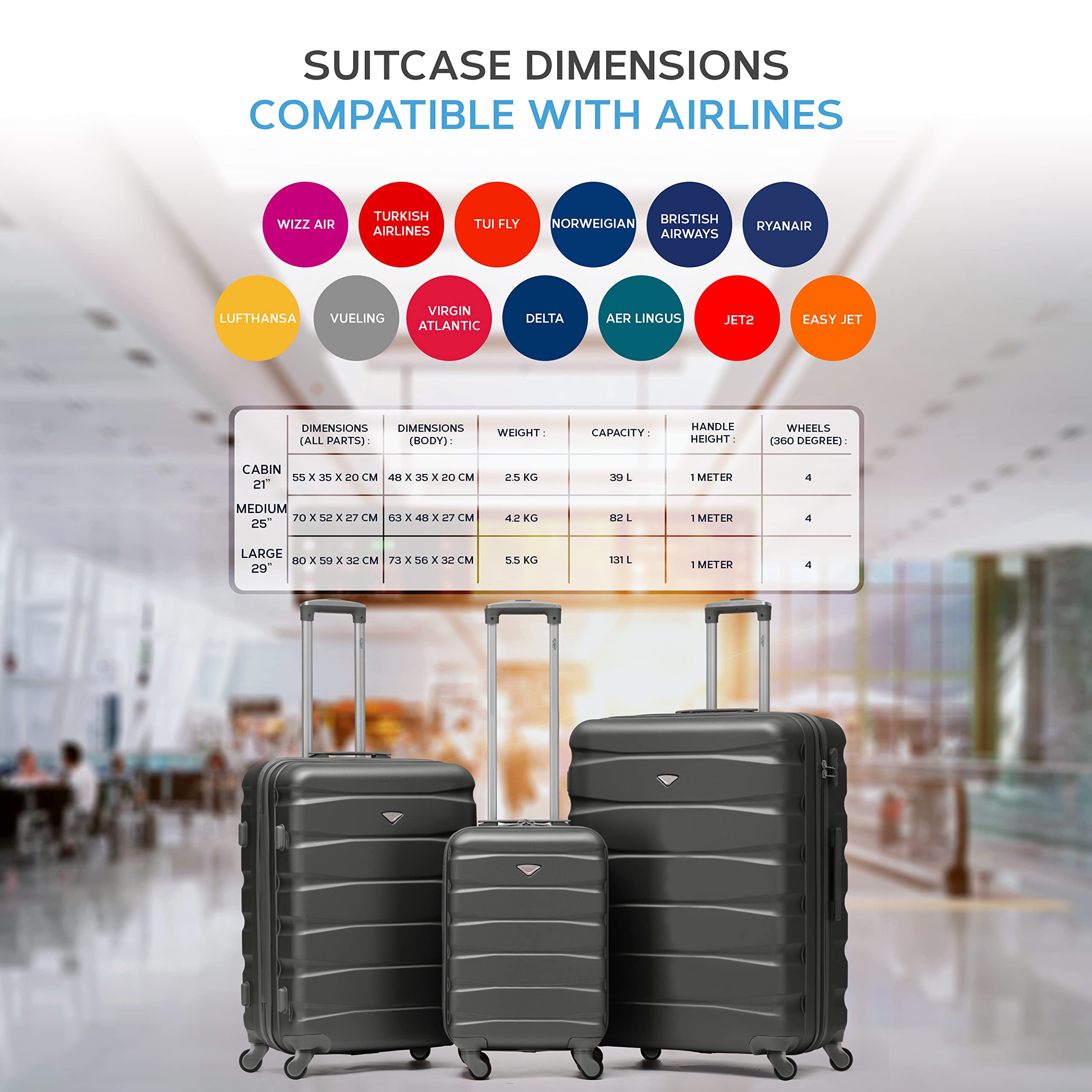 Flight Knight Lightweight 4 Wheel ABS Hard Case Suitcases Cabin & Hold Luggage Options Approved For Over 100 Airlines Including easyJet, British Airways, RyanAir, Virgin Atlantic, Emirates & Many More