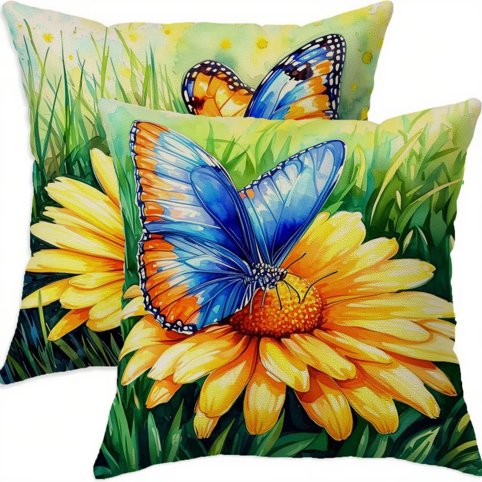 Housse coussin 70x70cm lin imperméable motif fleur et papillon pour déco canapé raffinée