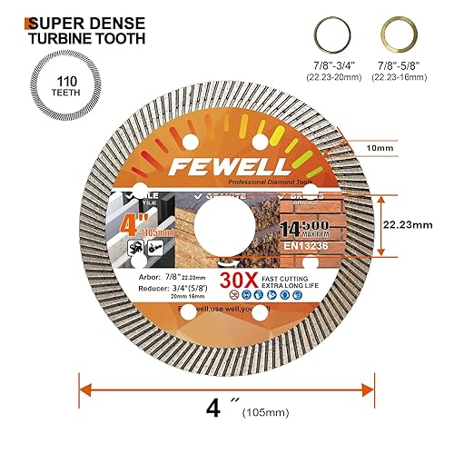 Miniatura 2 de FEWELL Hoja de sierra de cerámica de diamante súper fina de 4 pulgadas, disco de corte de hoja turbo para porcelana, ladrillo de granito y hormigón