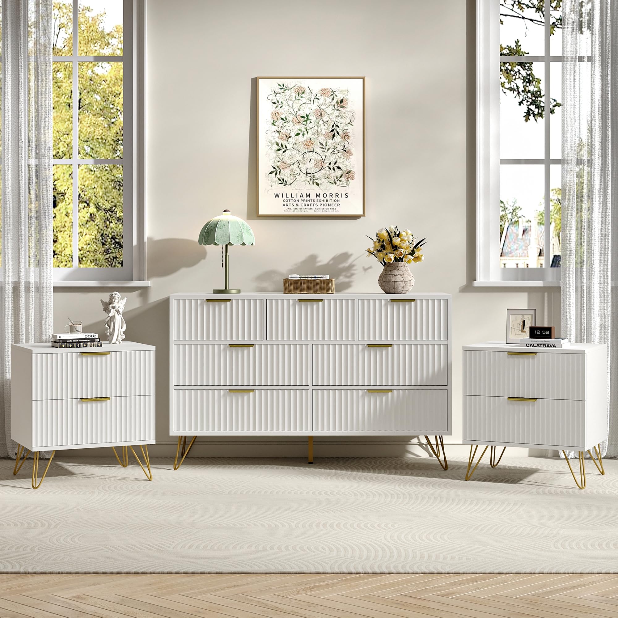 Amazon.com: BAZELOR 7 Drawer Dresser and Nightstand Sets for Bedroom, 3 Pcs  Fluted Bedroom SetNight Stand Set of 2 & 7 Drawer Dresser with Golden  Handles, Wood Chest of Drawers Storage Cabinet