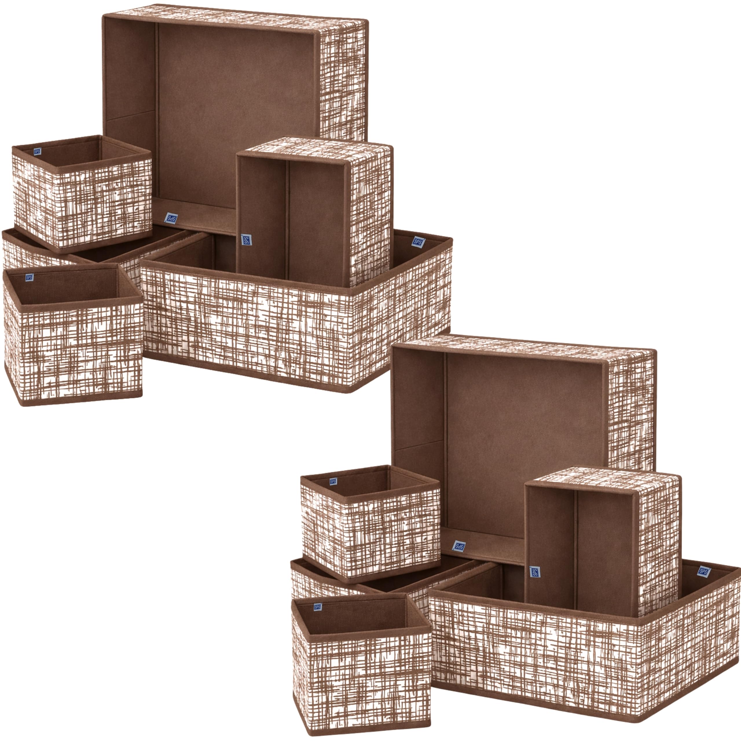 Skrill 12-Piece Foldable Cloth Storage Box Set | Closet & Dresser Drawer Organizer with Odourless Storage Baskets, Bins & Dividers – Brown Checks