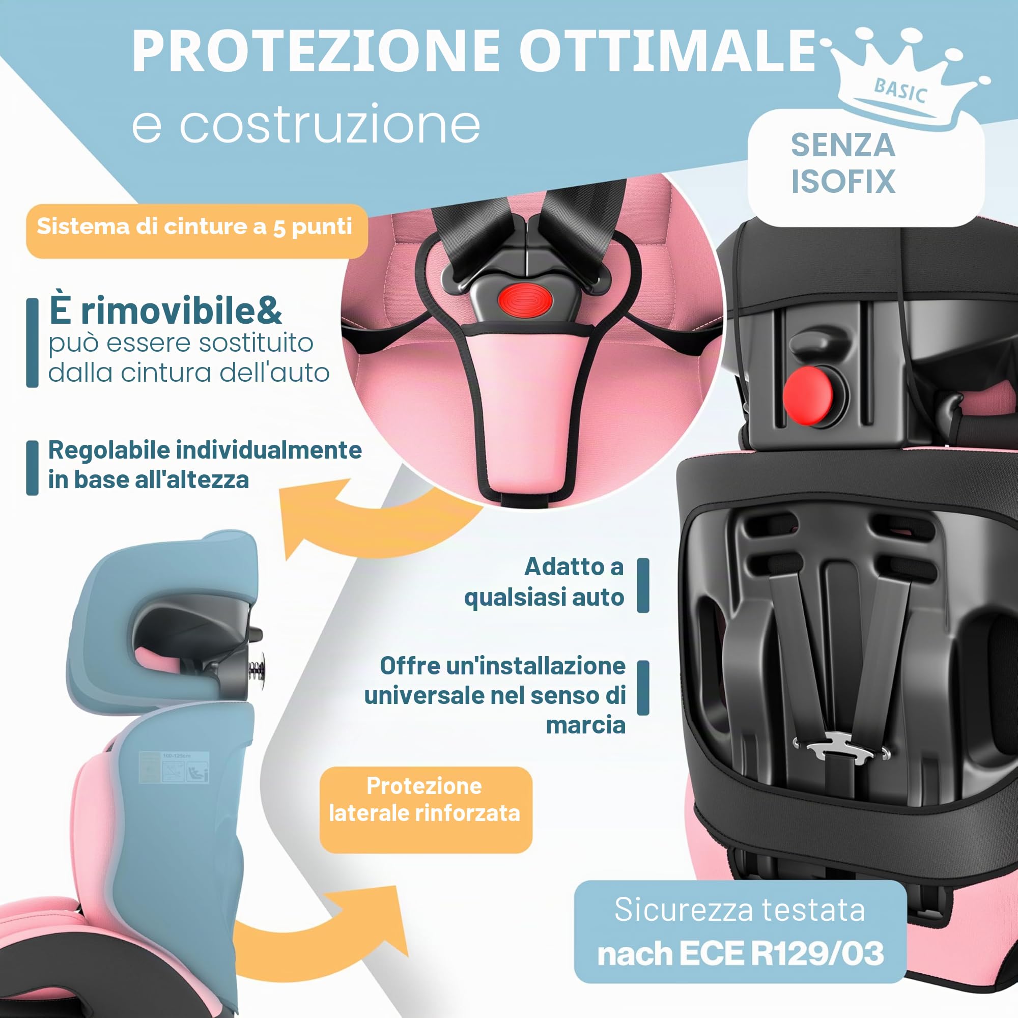 Kidiz®, seggiolino auto i-Size R129 100-150 cm fino a 12 anni, seggiolino per bambini gruppo 1/2/3 senza Isofix, seggiolino per bambini a crescita regolabile, cintura a 5 punti e poggiatesta