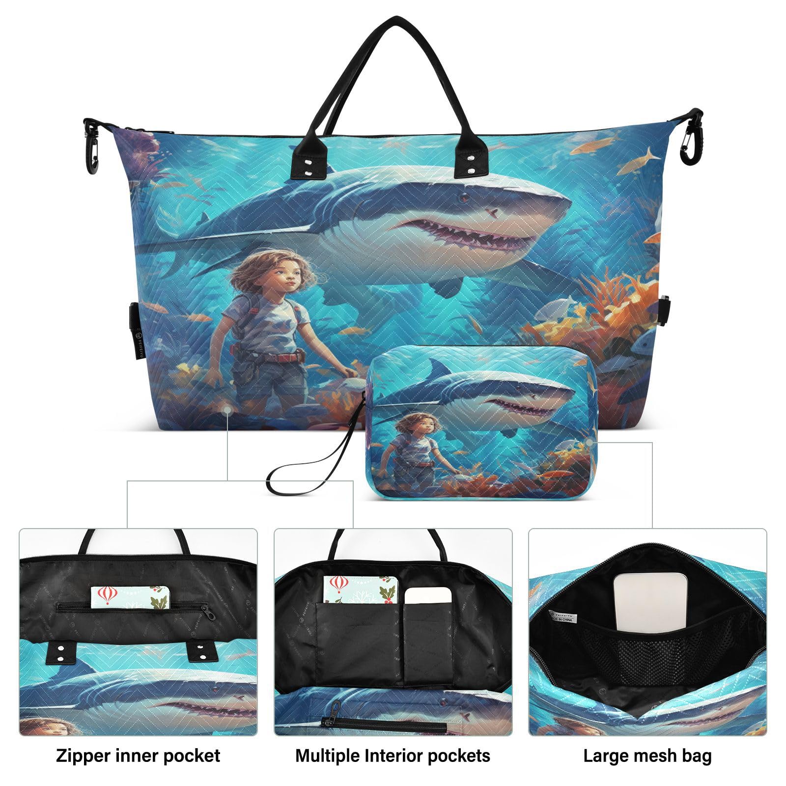 Shark Kids Art Sports Swim Gym Bag Weekender Duffel Travel Bags Handbag with Makeup Storage Bag for Girls Men