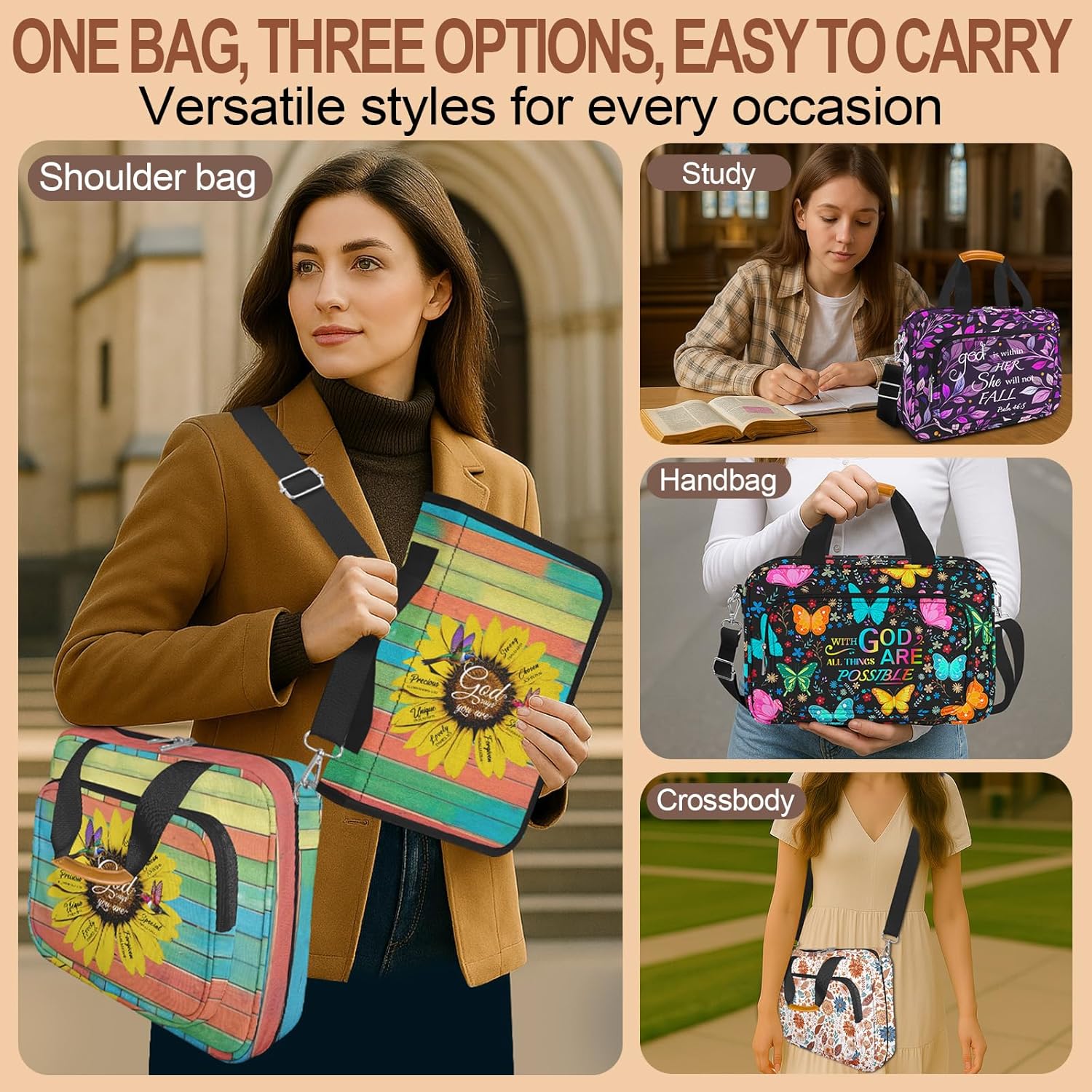 Bible Case for Women,Large Bible Cover,Bible Carrier,Bible Bag for Women Organizer,Sunflower Hummingbird Bible Holder,God Says You Are,Bible Study Supplie Kit With Highlighters,Tabs,Pen,Christian Gift - Image 5