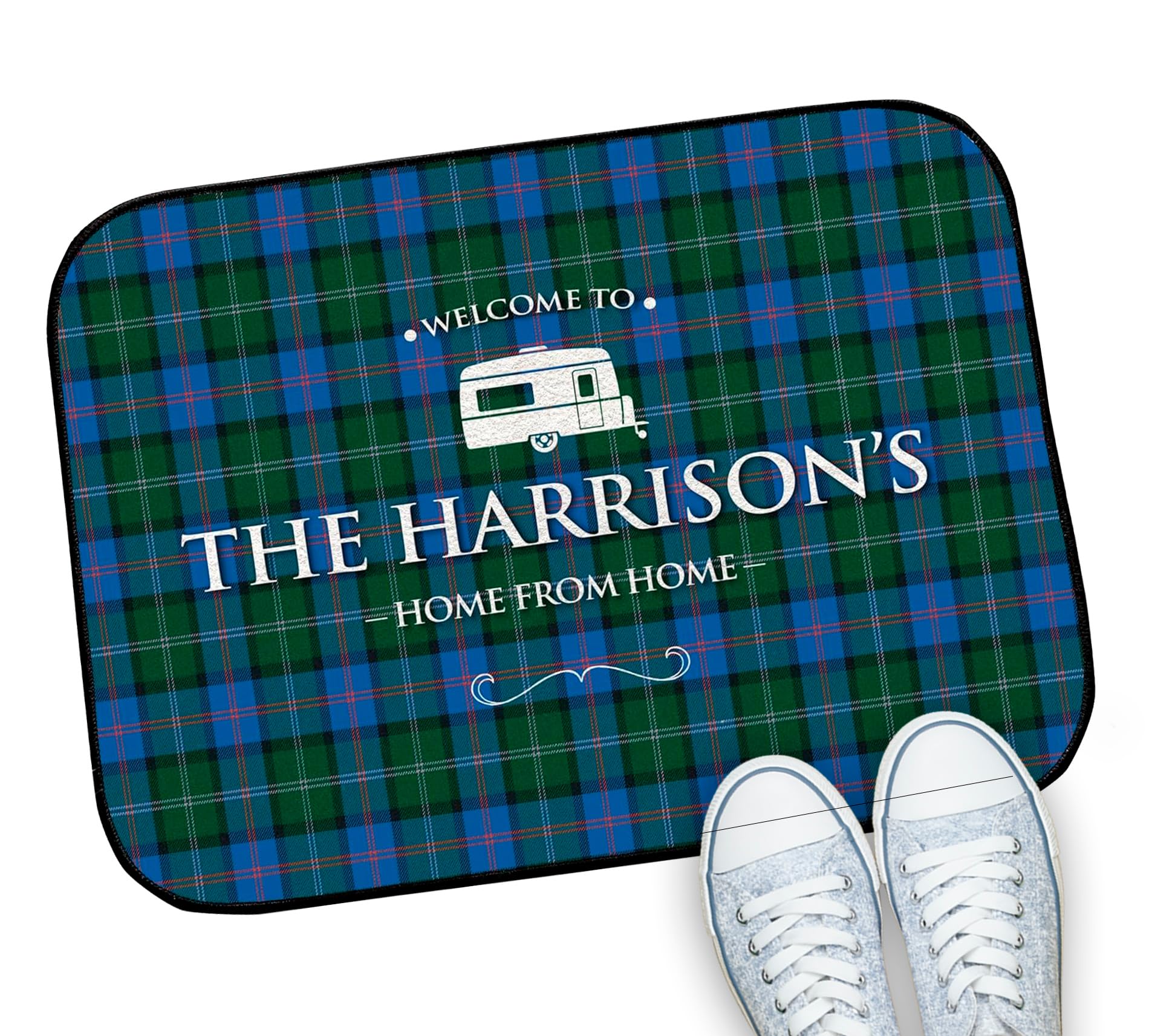Personalised Caravan door Mat - Green & Blue Tartan Caravan Indoor Entrance Mat 44cm x 32cm