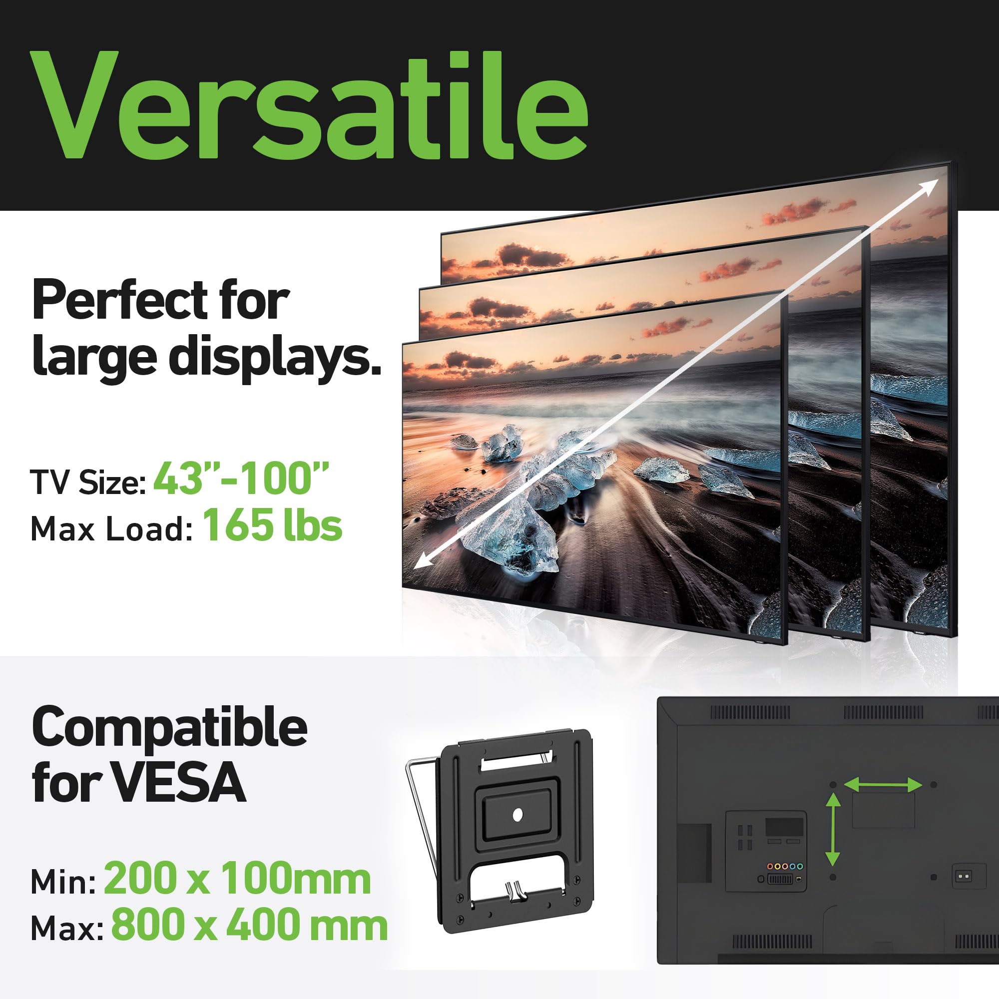 Soporte de Pared Ultra Delgado con Micro Espacio para televisores de 43-100 Pulgadas, Vesa 200 x 200-800 x 600, 165 Libras, Solo Perfil 0.37, Soporte, contactos magnéticos, Herramientas y Nivel de