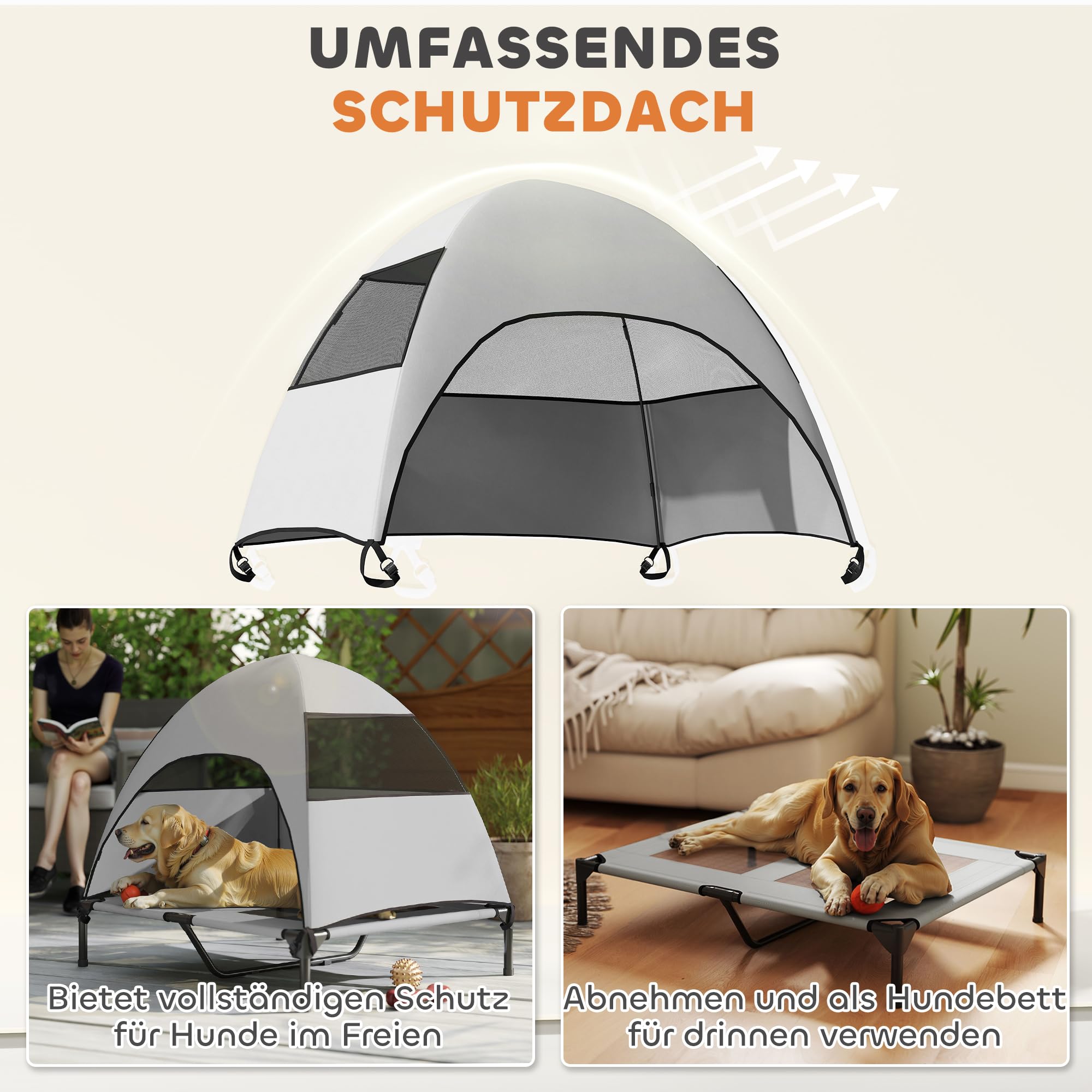 PawHut Hundeliege Outdoor mit Dach Erhöht Stahlrahmen 91x76x90cm Hellgrau