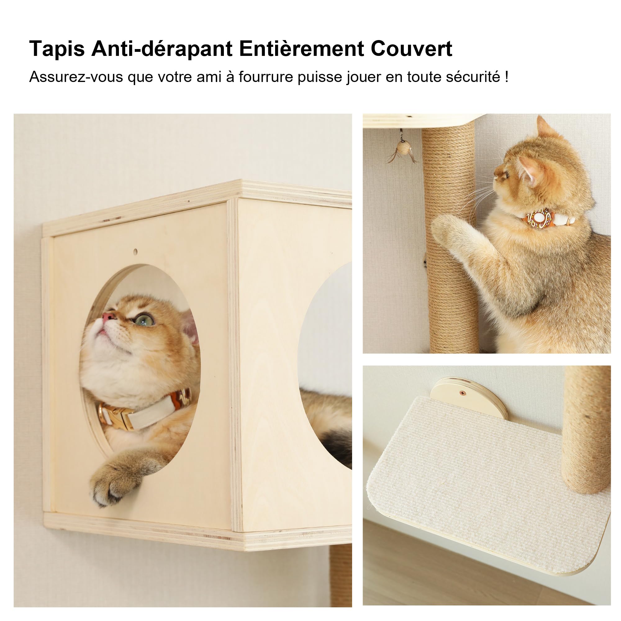 FUKUMARU Étagères Murales pour Chat, Set de 5 Meubles Muraux, Grimpeur en Bois Stable avec Hamac, Maison, Marches et Poteau à Griffer, Beige