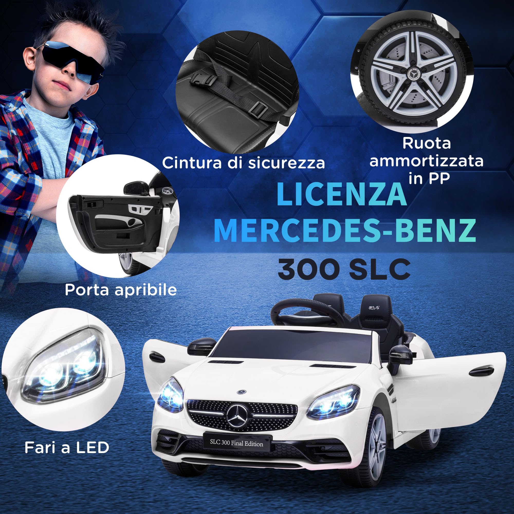AIYAPLAY Macchina Elettrica per Bambini 3-6 Anni 12V Licenza Mercedes SLC 300, 3-5km/h Auto Elettrica per Bambini con 2 Motori, Sospensioni, Telecomando, Musica, Clacson e Fari, in PP Metallo, Bianco