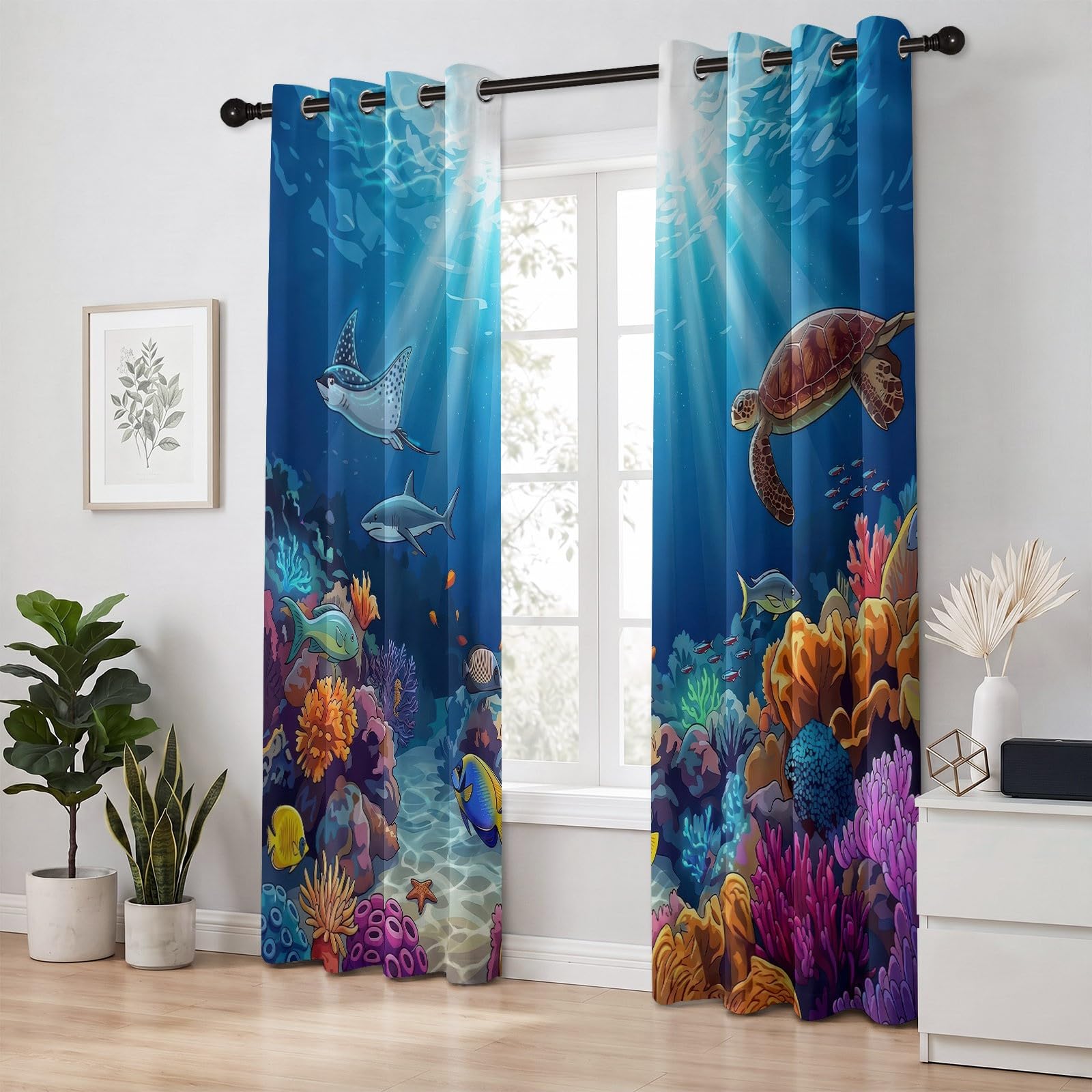 Tende oscuranti con animali marini, barriera corallina, tartaruga marina, per ragazzi e ragazze, tende oscuranti con occhielli, per cameretta dei bambini, camera da letto, 175 x 140 cm (altezza x