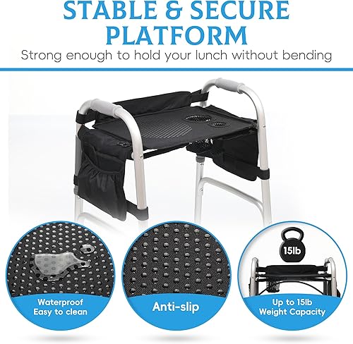 Miniatura 4 de Bandeja para andadores para personas mayores con portavasos  Accesorios para andadores con bolsillos, portavasos y alfombrilla antideslizante para