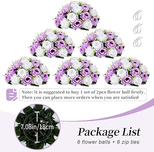 Miniatura 6 de BLOSMON Centros de mesa de bola de flores falsas, 6 piezas de flores artificiales de 13.7 pulgadas, gran color lila y rosa blanca, arreglo central