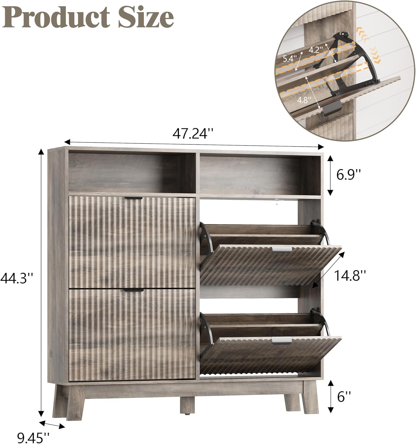 Shoe Cabinet Storage for Entryway with 4 Flip Drawers, Fluted Narrow Shoe Organizer with Wooden Legs & Top Cubby, Freestanding Slim Shoe Storage Hidden Shoe Rack for Front Door Entrance, Grey