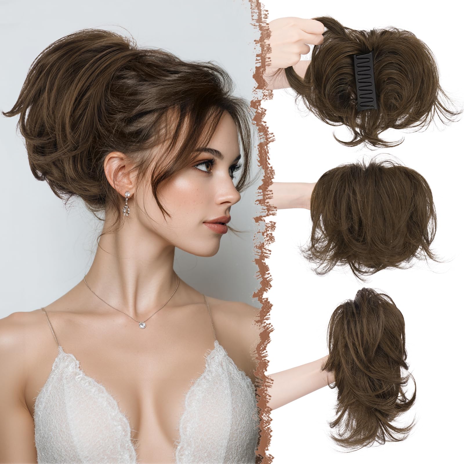 Photo 1 of FESHFEN Claw Clip Short Ponytail Extensions - DIY Bendable Metals Fluffy Messy Bun Hair Piece Straight Synthetic Hairpieces Ponytail Extension for Women, Chestnut Brown