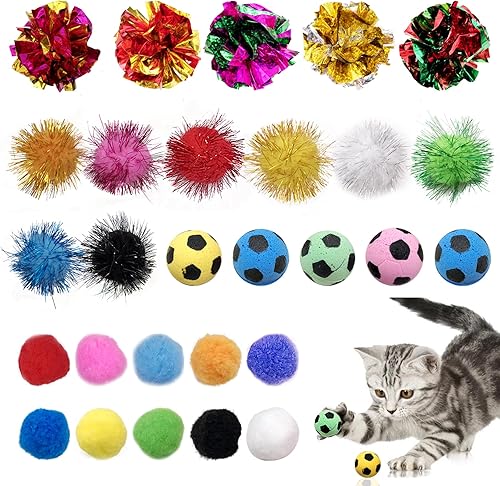 PET SHOW Paquete de 30 bolas de juguete para gatos, juego de pompones interactivos, juguetes para gatitos, bolas de papel de hilo dorado, bolas de