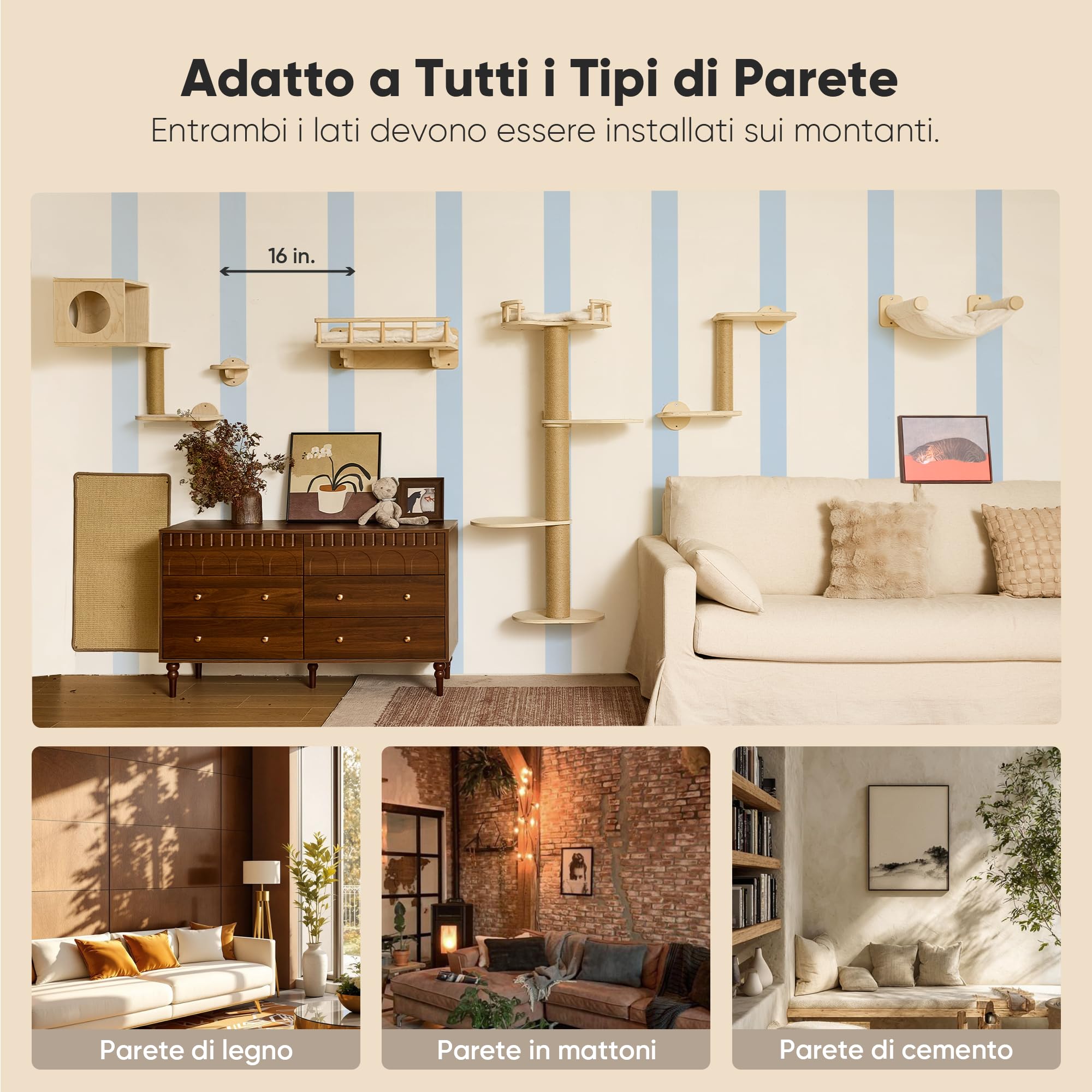 FUKUMARU Mensole per Gatti, Set di Mobili Montati a Parete in Legno Stabile da 4 Pezzi, Parete di Arrampicata con Tiragraffi, Amaca, Letto,Tappetino - Ideale per il Gioco e il Riposo dei Gatti (Beige)