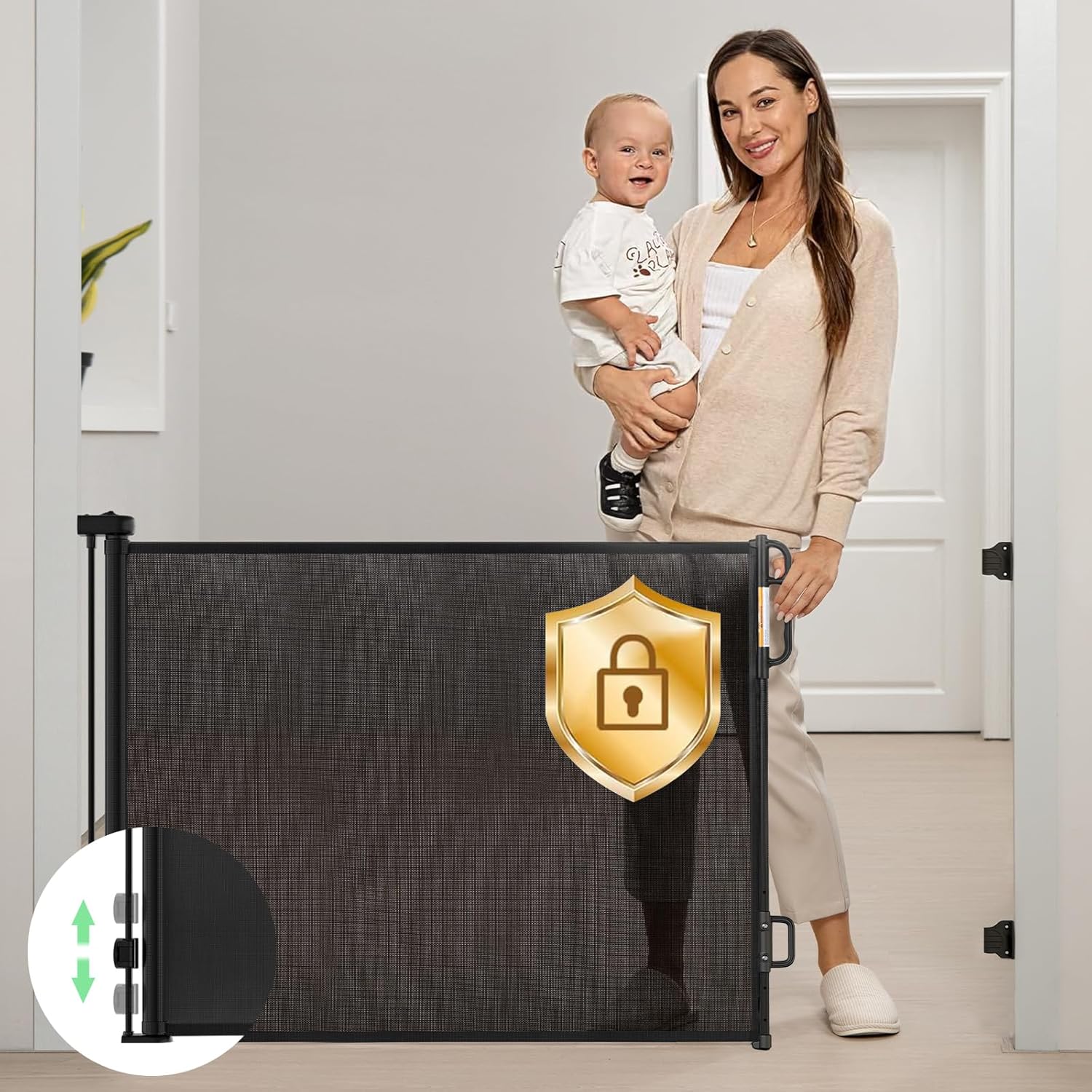 Retractable Baby Gate, Momcozy Mesh Baby Gate or Mesh Dog Gate, 33" Tall,Extends up to 55" Wide, Child Safety Gate for Doorways, Stairs, Hallways, Indoor/Outdoor Black 33" Tall x 55" Wide
