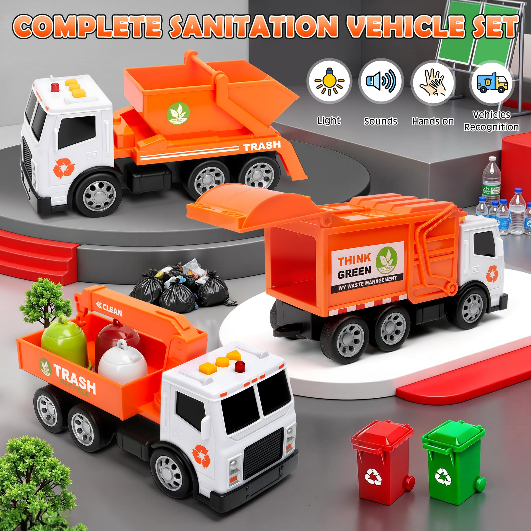 BunnyJOY Müllauto Spielzeug Set für Kinder ab 3 Jahre, LKW mit Licht & Sound, Friktion Müllwagen, Kranwagen, Müllkipper & Hecklader inkl. Mülltonnen & Figur, Lernspielzeug Geschenk