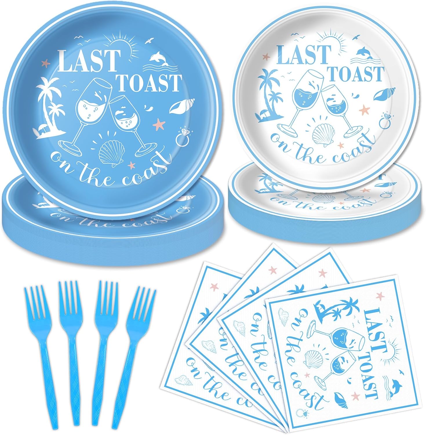 100Pcs Last Toast on the Coast Party Decorations Supplies for Coastal Bachelorette Theme Tableware Set Beach Paper Plates Napkins Forks for 25 Guests Coastal Disposable Dinnerware Table Party Favors