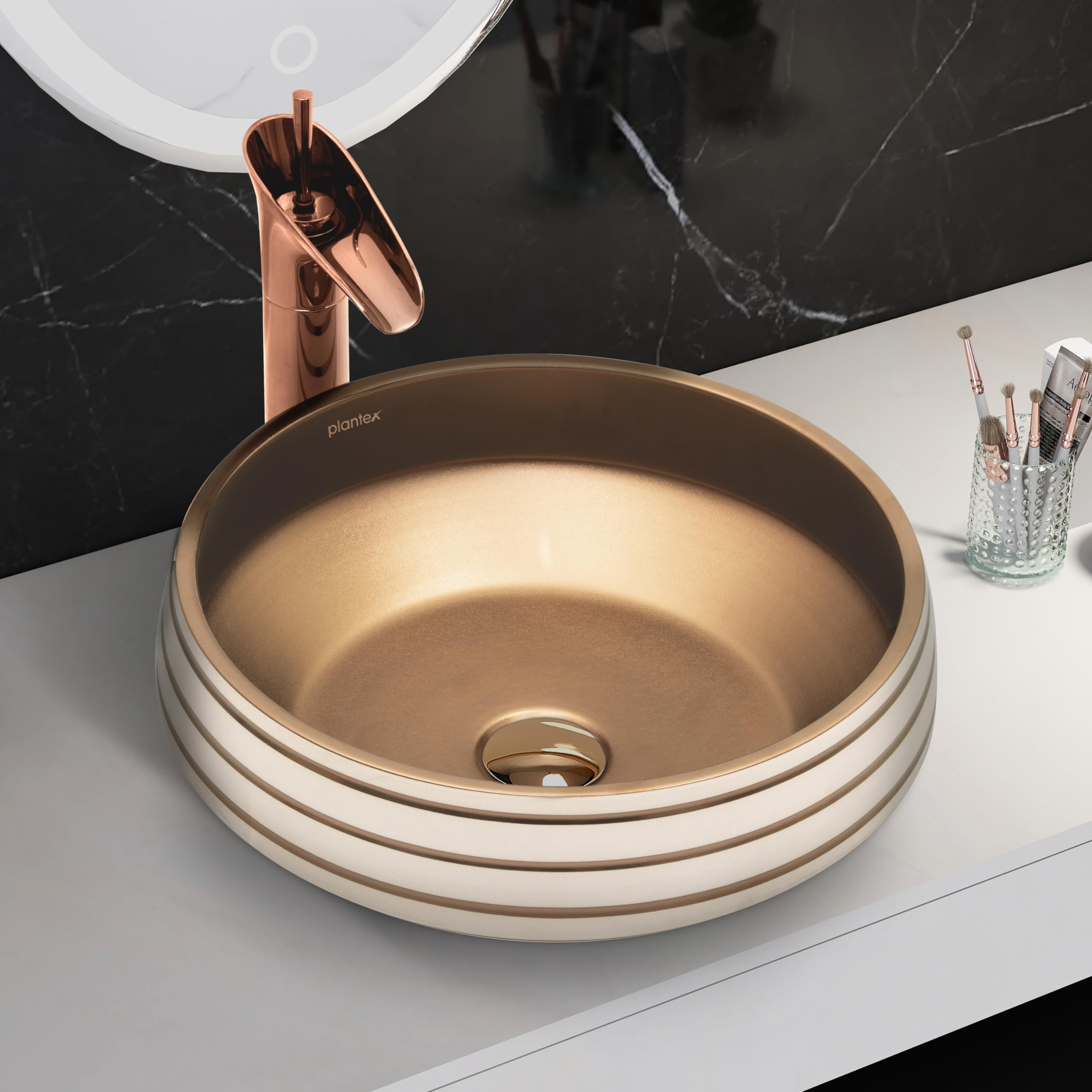 Plantex Round Wash Basin for Bathroom/Ceramic Tabletop Washbasin/Basin for Bathroom Indo-European Collection (16 x 16 x 7 Inch)
