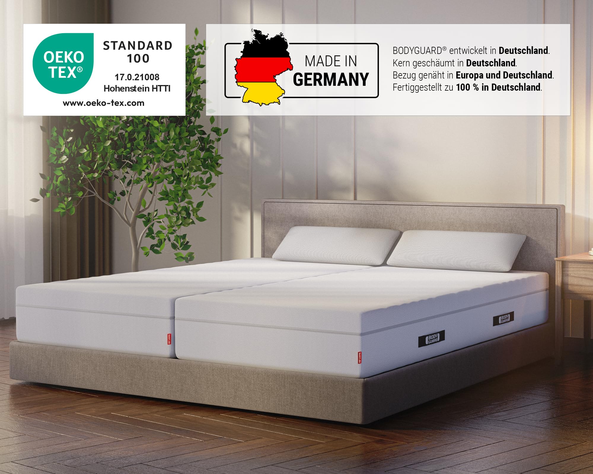 bett1 Bodyguard Boxspring Matratze 90x200 mit ca. 28 cm Matratzen-Höhe! (100% Vollschaum, 2in1 Liegehärten Mittelfest & Fester, Oeko-TEX 100, QXSchaum)