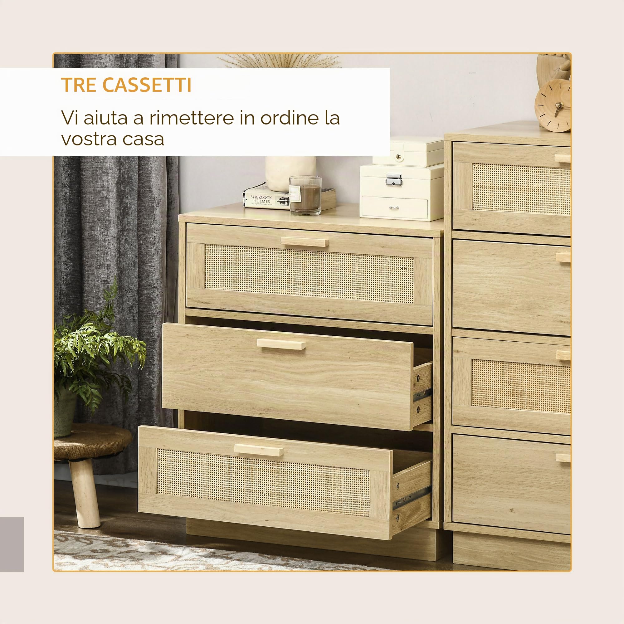 HOMCOM Cassettiera a 3 cassetti, cassettiera per camera da letto, stile bohémien, con telaio in legno, cassettiera in rattan per camera da letto, soggiorno, ingresso dim. 60 x 38 x 69 cm, legno