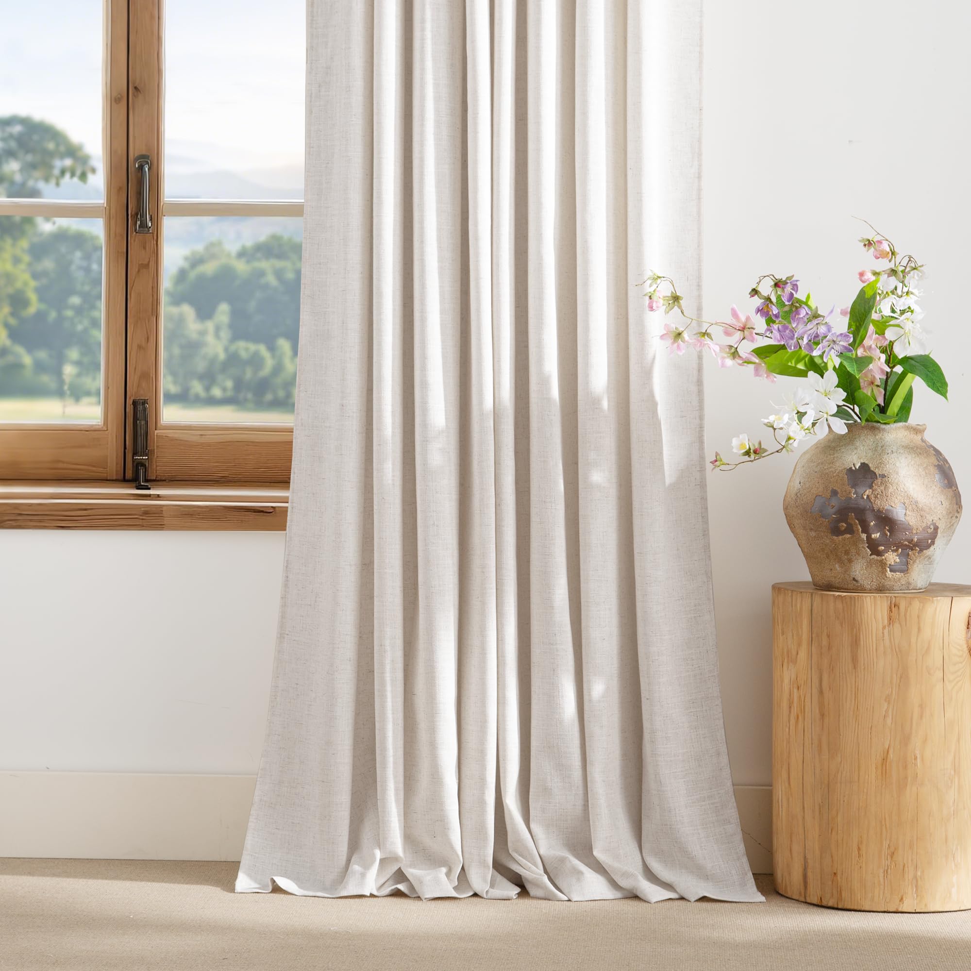 PONY DANCE Cortinas 3 Metros de Lino con Ojales, Cortinas Semi Translucidas Visillos Grandes Gruesos(250 g/m2) para Salon/Dormitorio 1 Panel,300x245cm,Lino