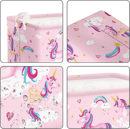 Miniatura 5 de Clastyle Adorable cesta de estante de unicornios rosados para niños, diseño de nube, corazón, arco iris, cesta de regalo rectangular para ropa,