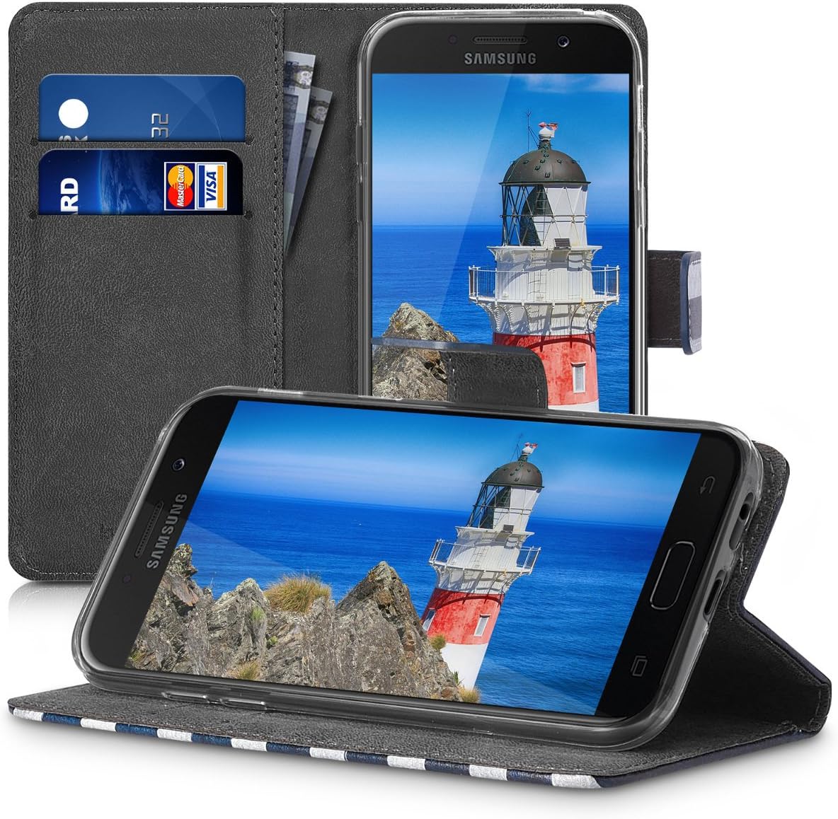 kwmobile Wallet Case Compatible with Samsung Galaxy A5 (2017) Case for Phone - Vintage Anchor Stripes Red/Dark Blue/White