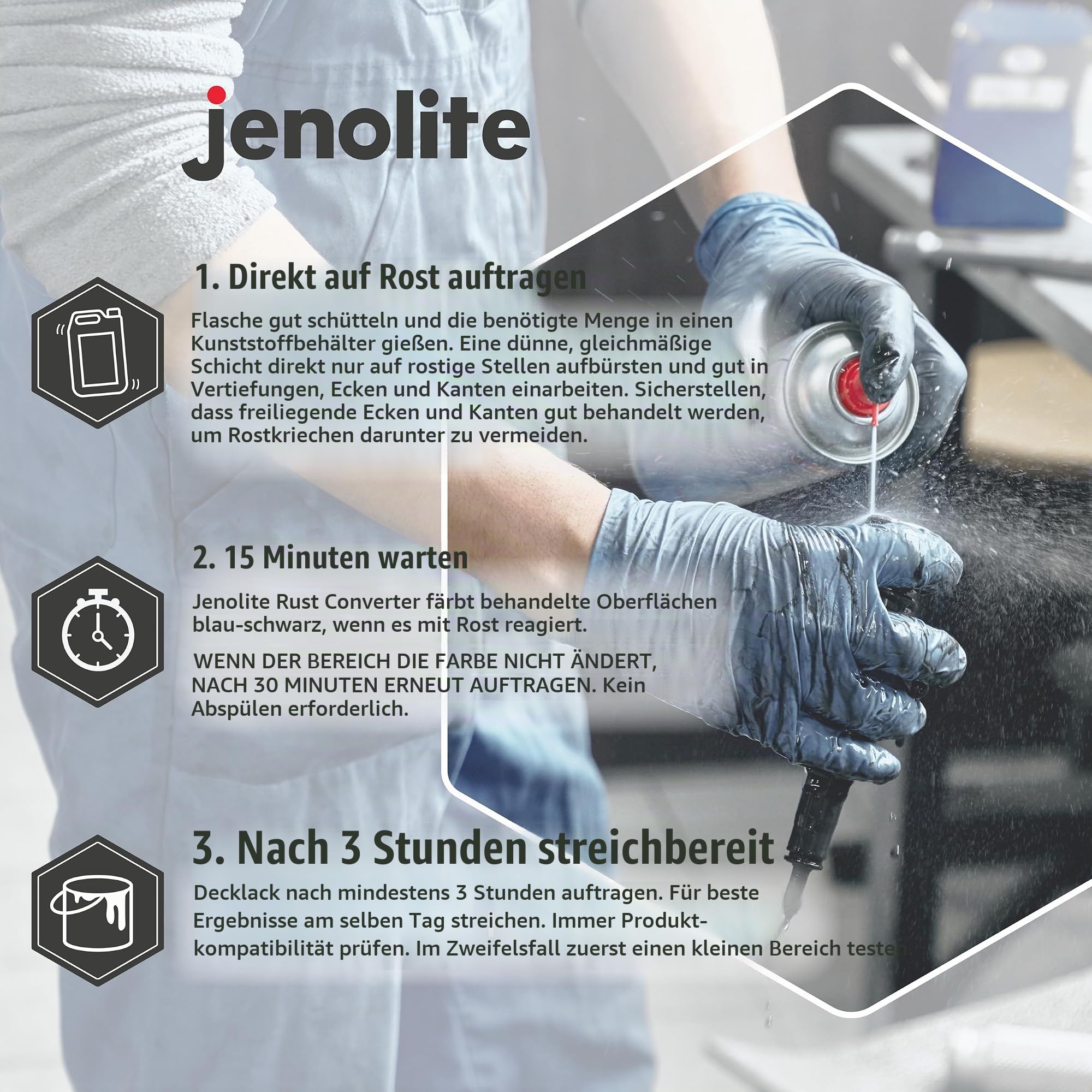 JENOLITE- Rostumwandler Spray mit Dispenser. Einfach aufzutragen, kein Abspülen oder Abwischen erforderlich. Inhalt: 1 Liter