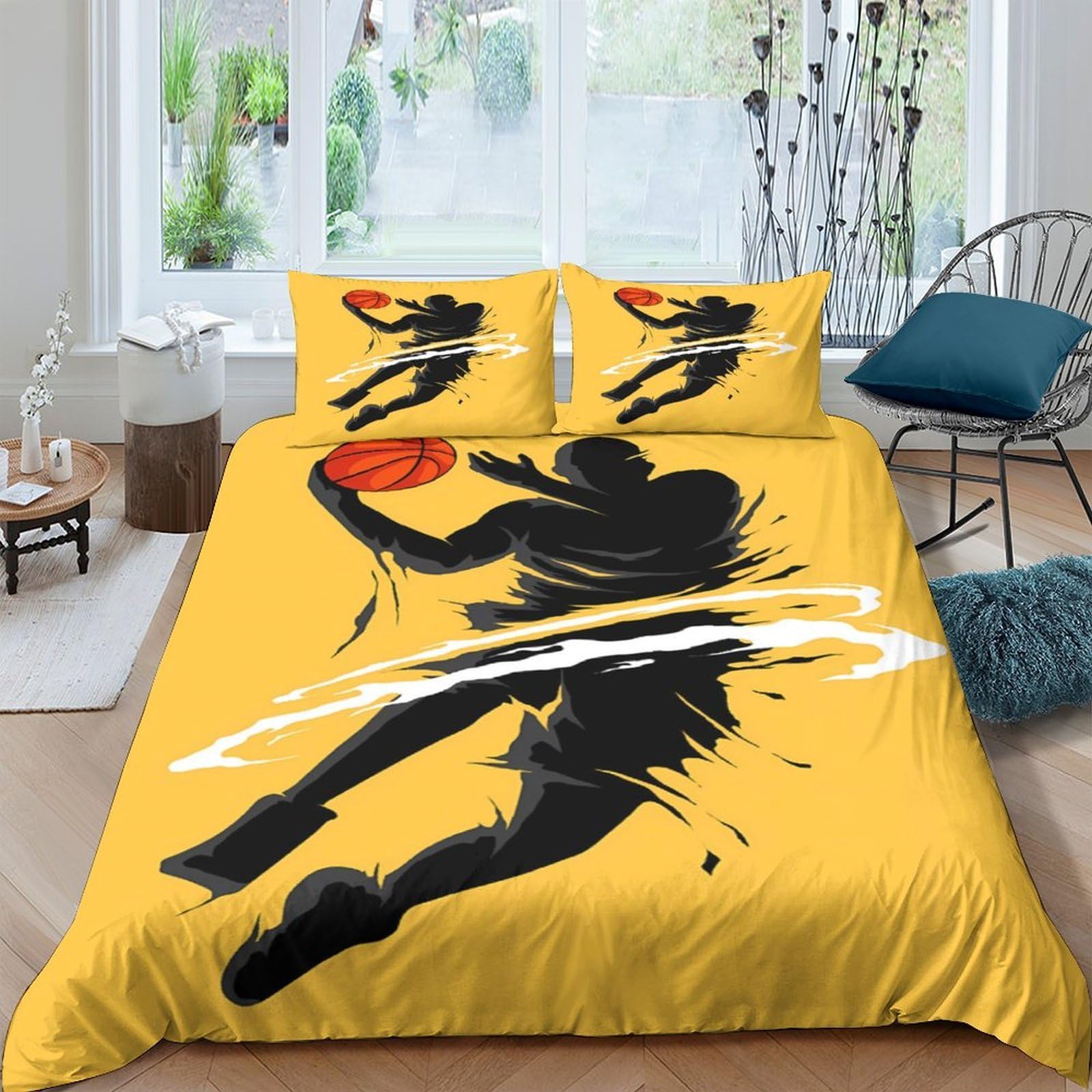 Ctjqhvkz Style-1 3D Printed Basketball Slam Dunk Fitted Sheet Microfiber Yellow Bed Cover For Bedroom Guest Room Dorm Decor Single（135X200cm）